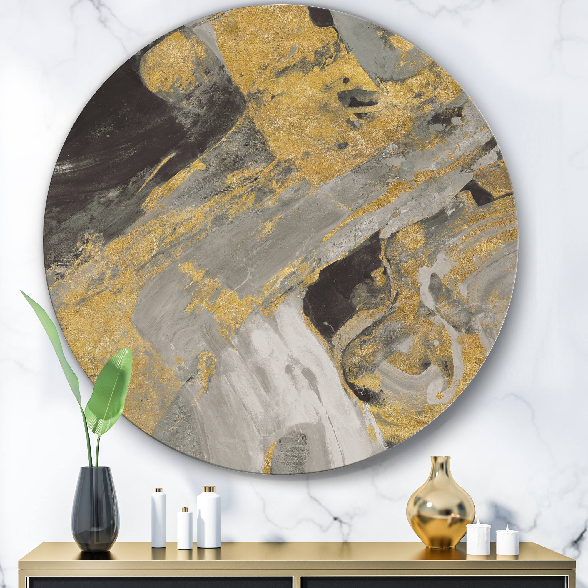 Designart - Marble Gold and Black - Glam Metal Circle Wall Art