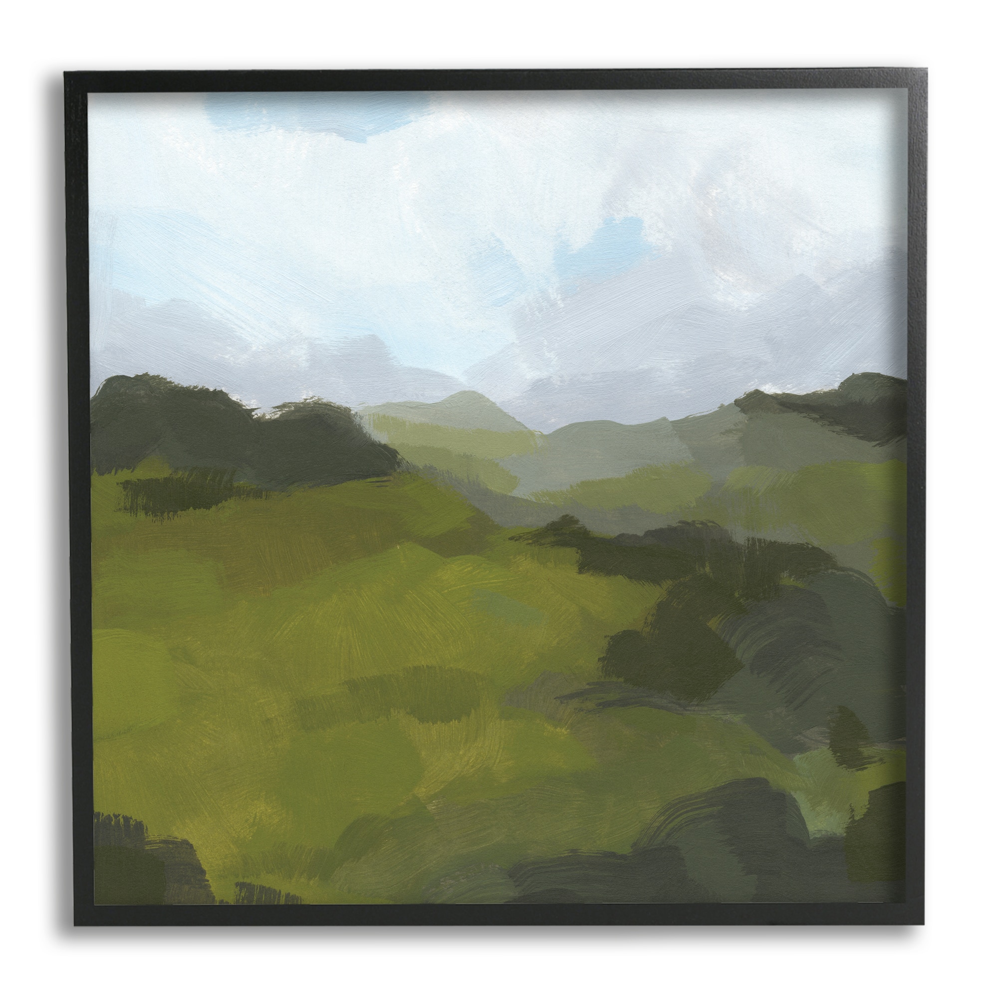 Stupell Industries Thick Green Meadow Landscape Cloudy Hazy Sky in Black Frame Wall Art