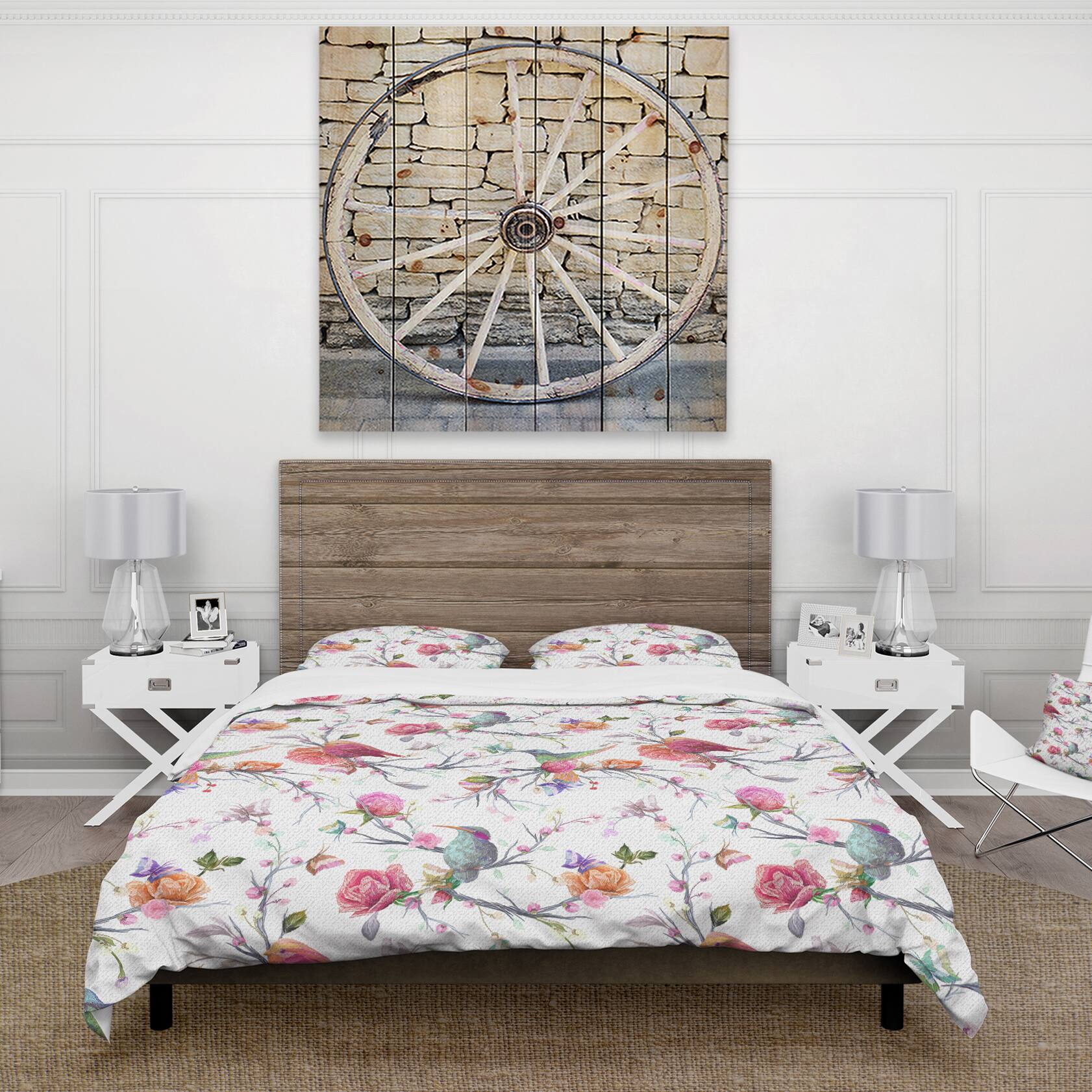 Designart &#x27;Vintage Pattern: Bird, Flowers, Leaves&#x27; Farmhouse Bedding Set - Duvet Cover &#x26; Shams