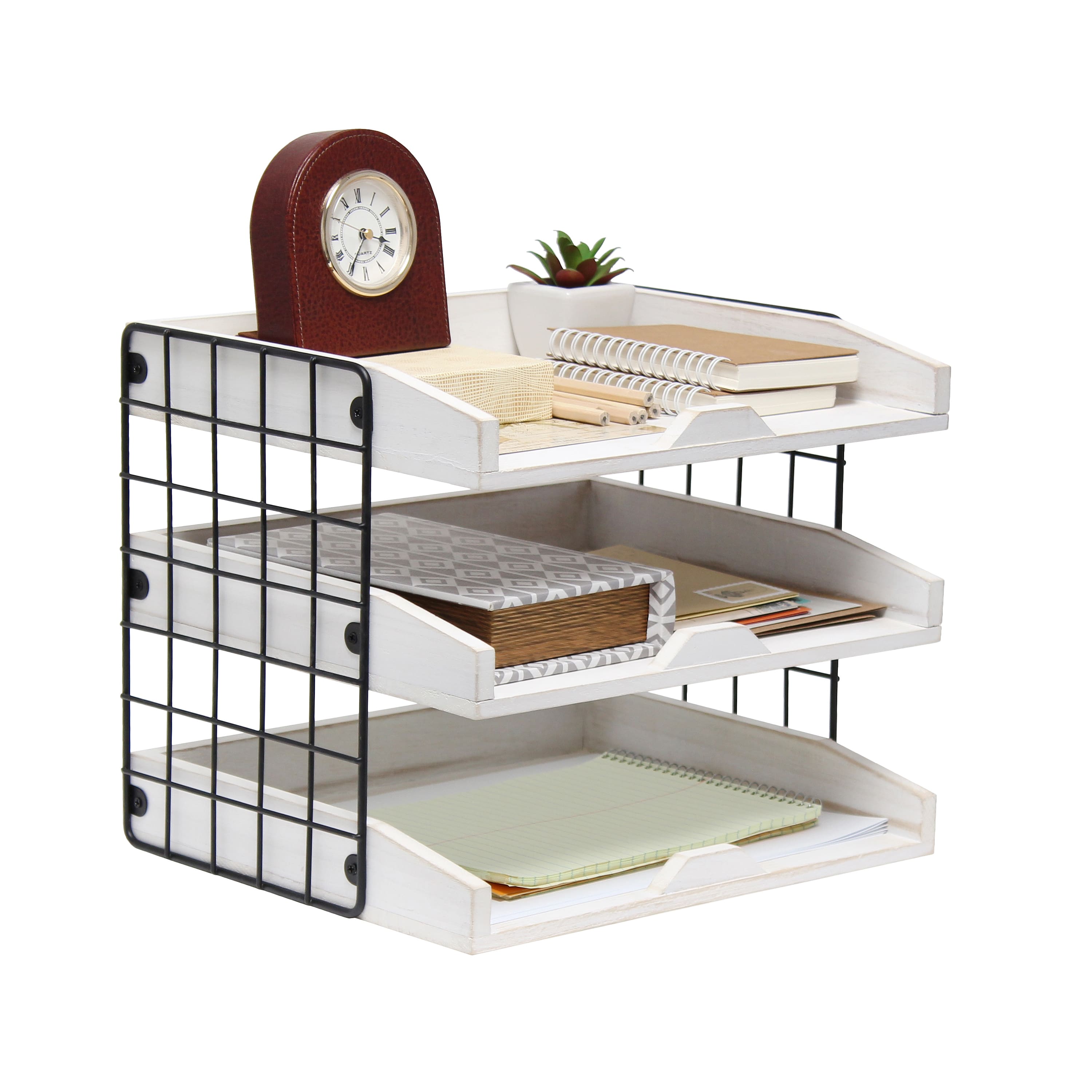 Elegant Designs Whitewash Wood Desk Organizer Letter Tray with 3 Shelves