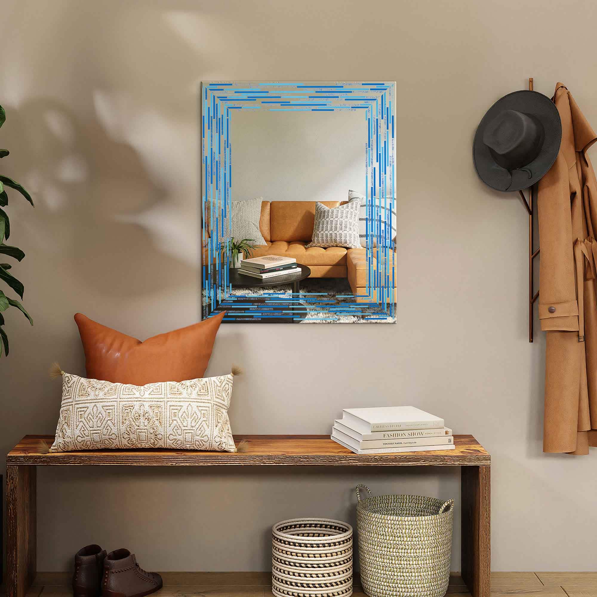 Head West Frameless Reeded Aqua/Blue2 Tiled Printed Wall Mirror - 23" x 30"