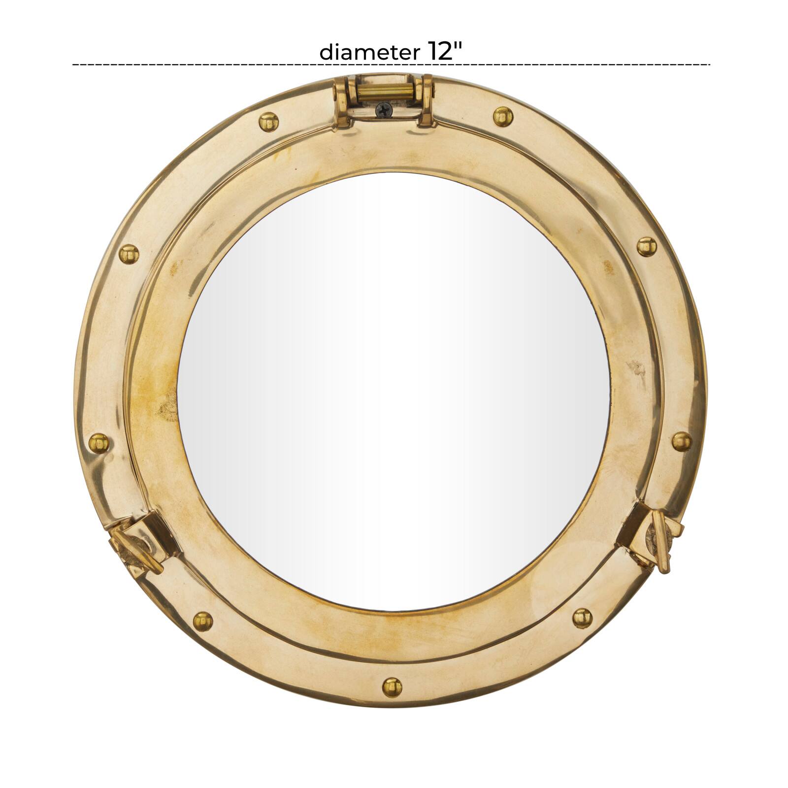 The Novogratz Gold Brass Sail Boat Wall Mirror with Port Hole Detailing 12&#x22; x 2&#x22; x 12&#x22;