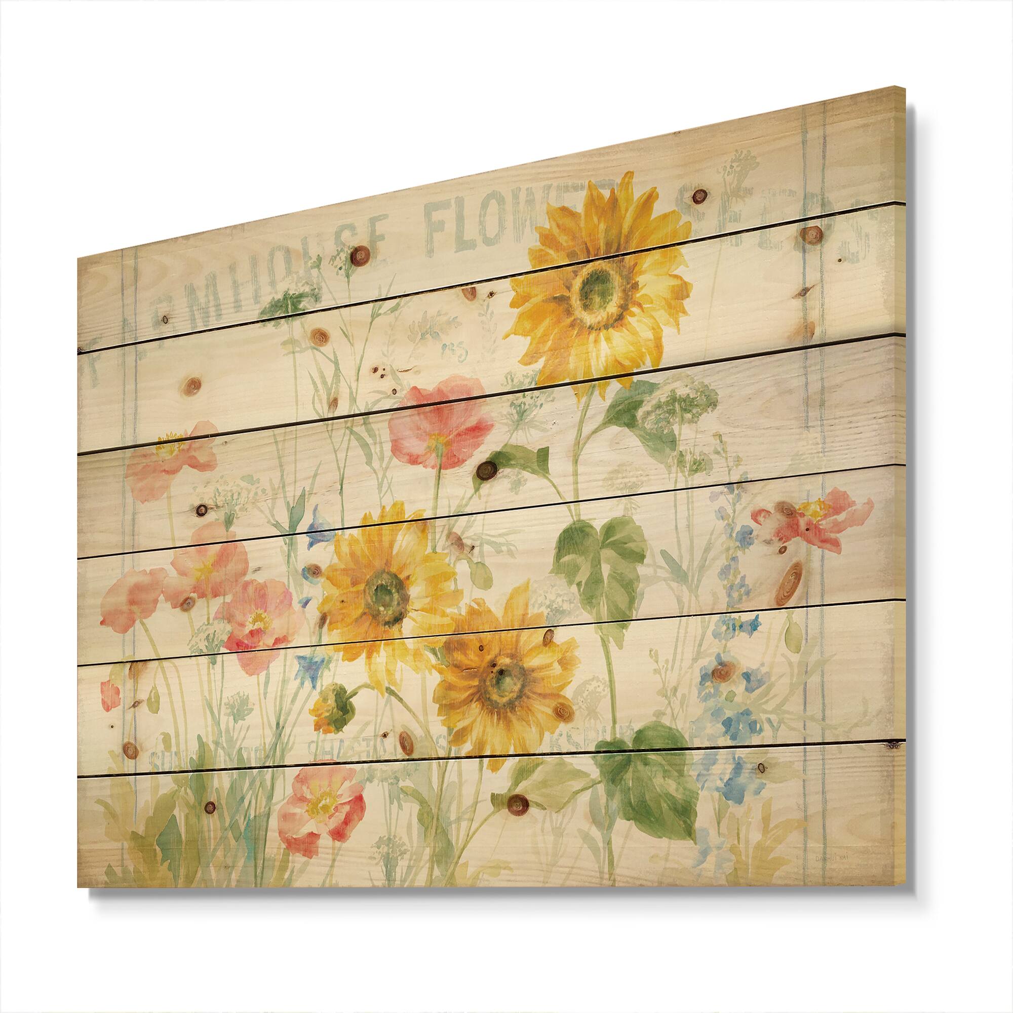 Designart - Floursack Florals I - Floral & Botanical Print on Natural Pine Wood