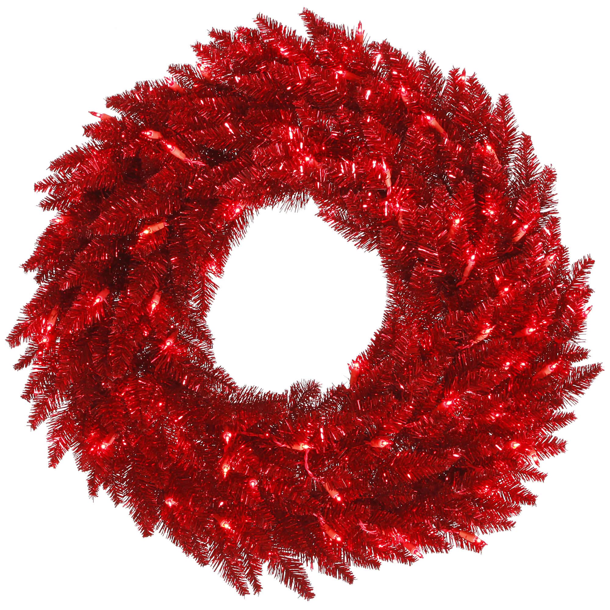 36&#x22; Pre-Lit Tinsel Red Fir Christmas Wreath, Red Lights