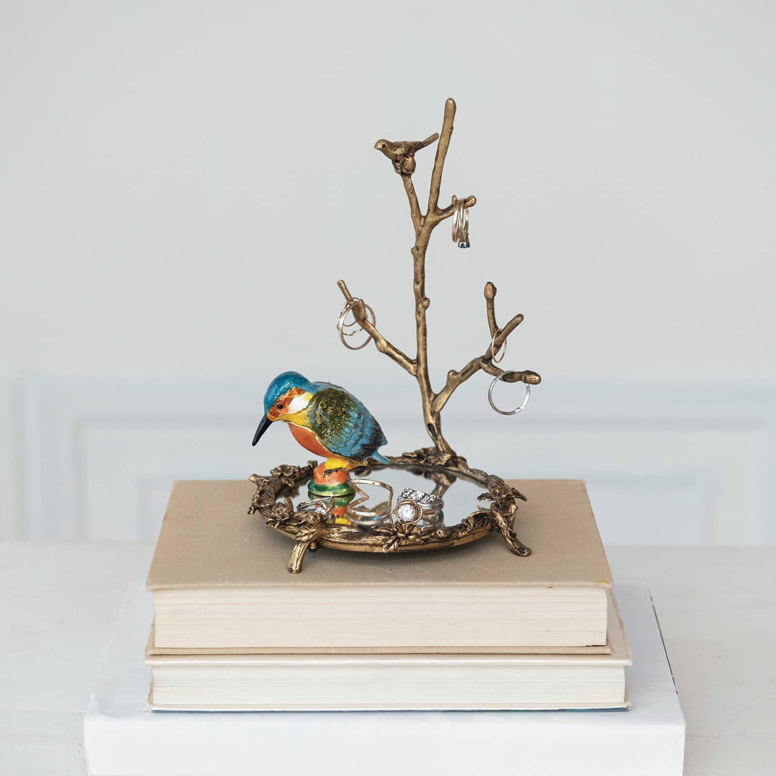 Hello Honey&#xAE; 8.25&#x22; Gold Antique Pewter Jewelry Holder with Bird Detail