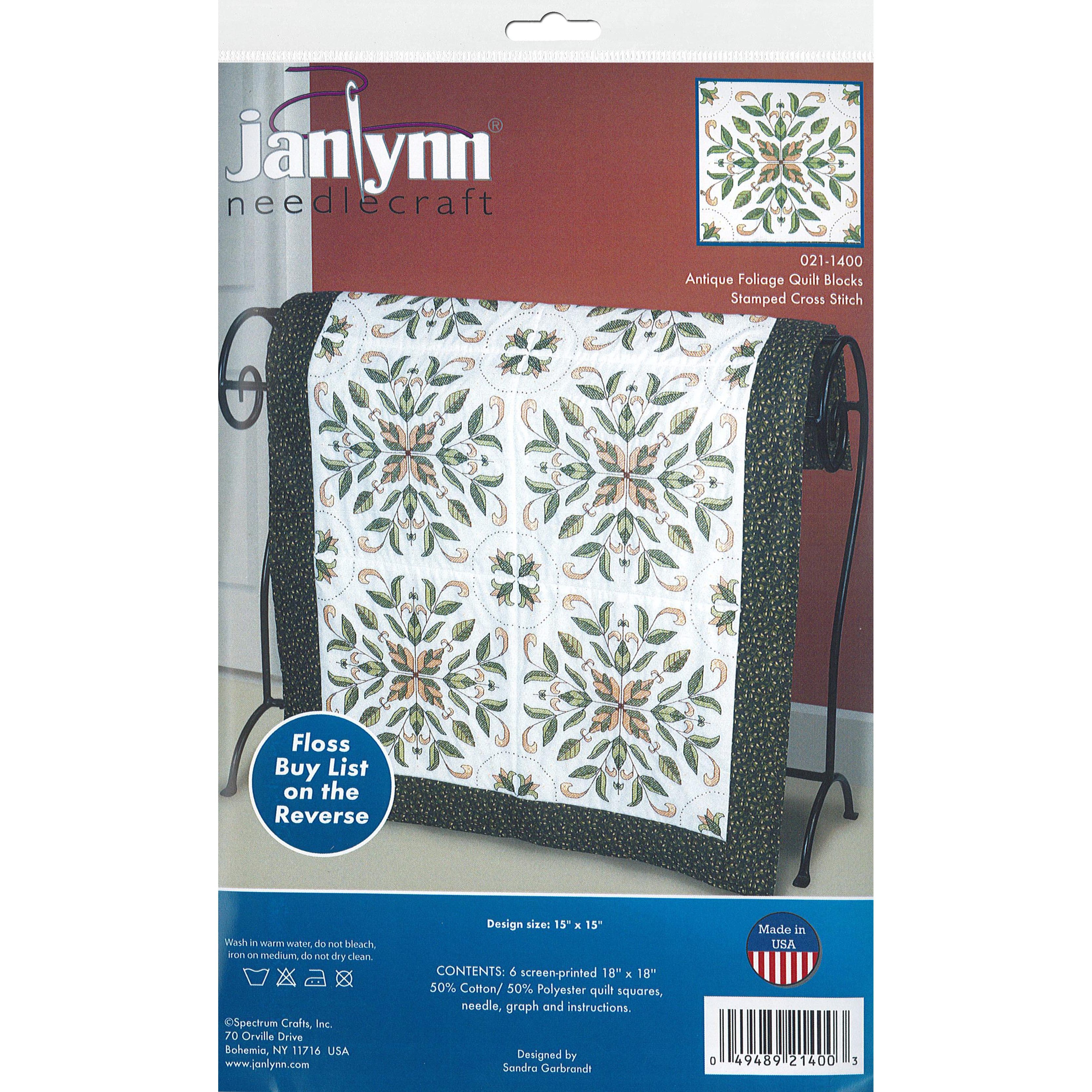 Janlynn Antique Foliage Stamped Cross Stitch 6ct. Quilt Blocks, 18 x 18