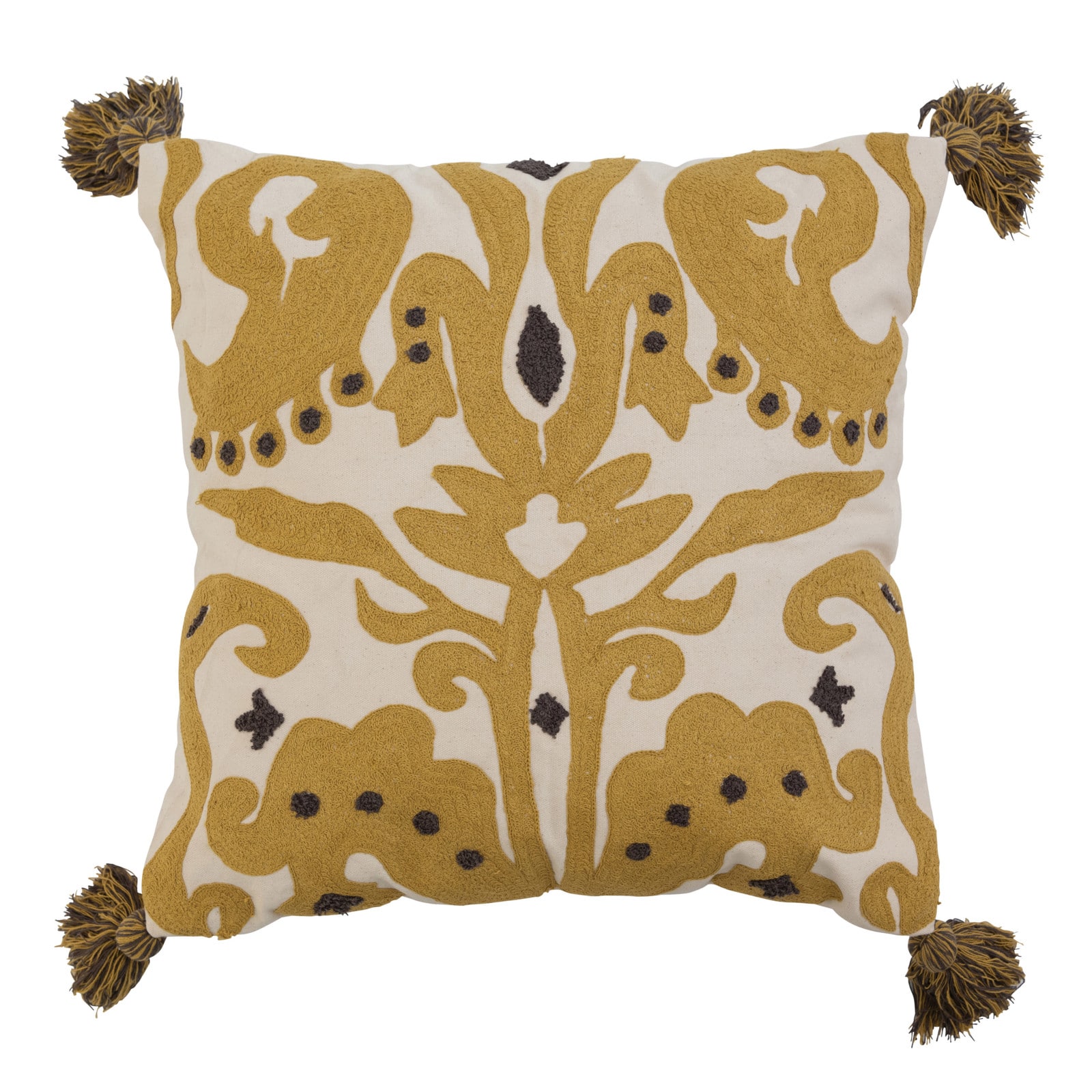 Cream &#x26; Mustard Embroidered Pillow Cover with Tassels