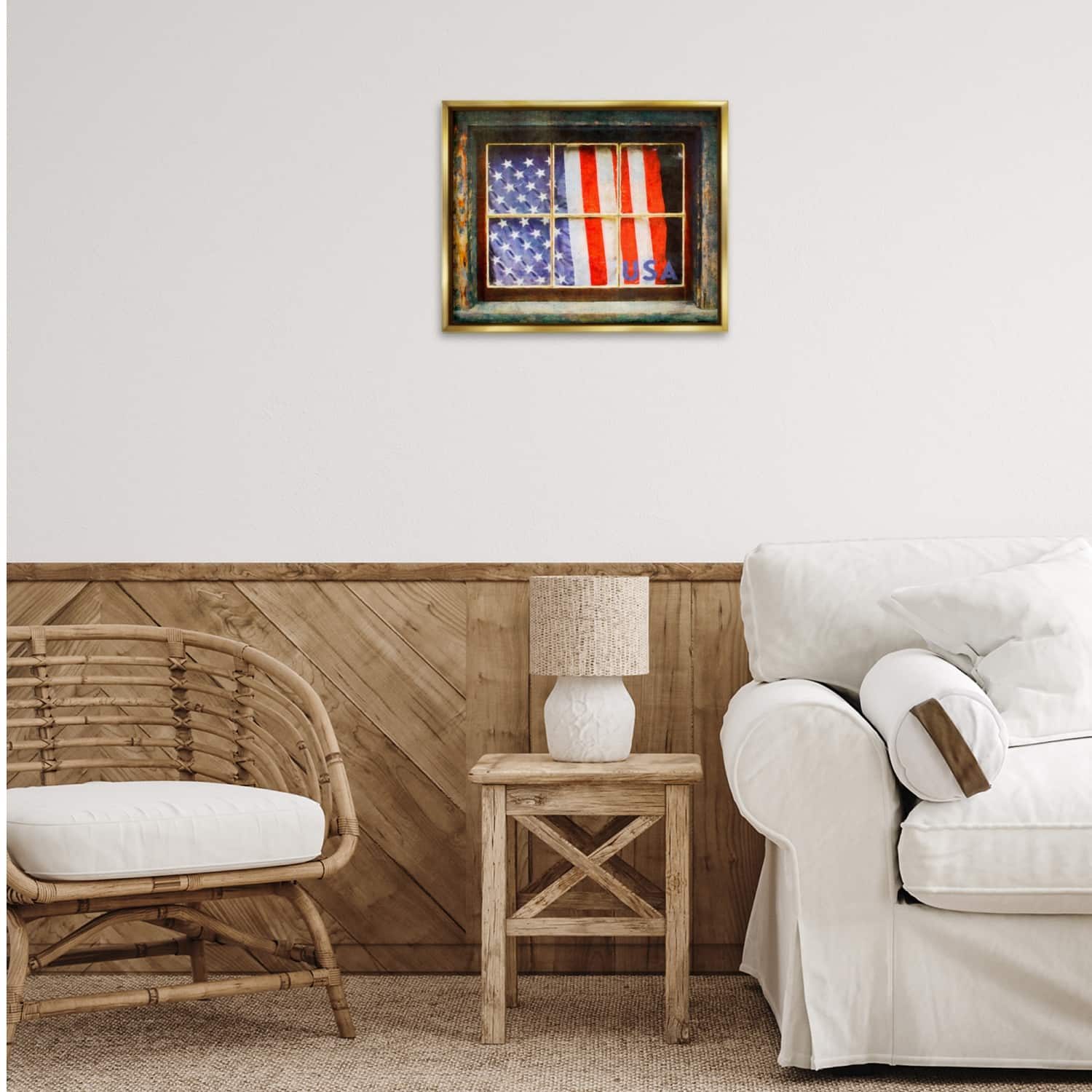 Stupell Industries Patriotic American Flag Rustic Window Festive Home Floater Framed Art