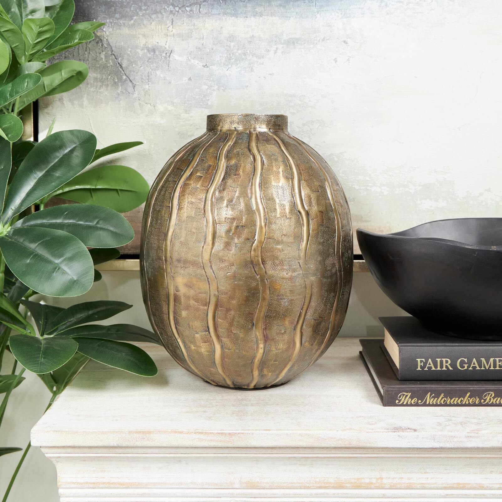 12&#x22; Brass Metal Snakeskin Inspired Vase with Dimensional Wavy Accents