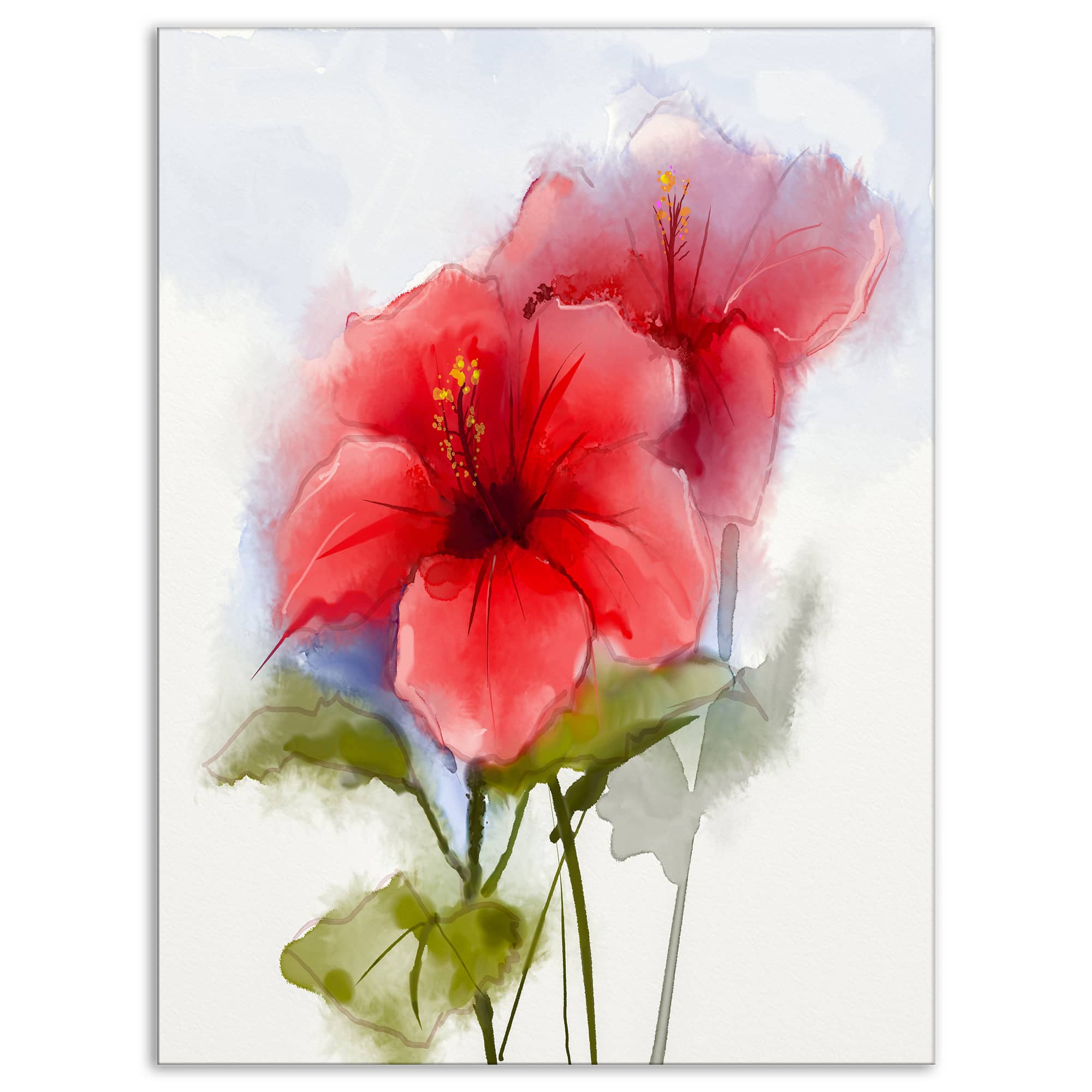 Designart - Watercolor Painting Red Hibiscus Flower - Large Floral Canvas Art Print
