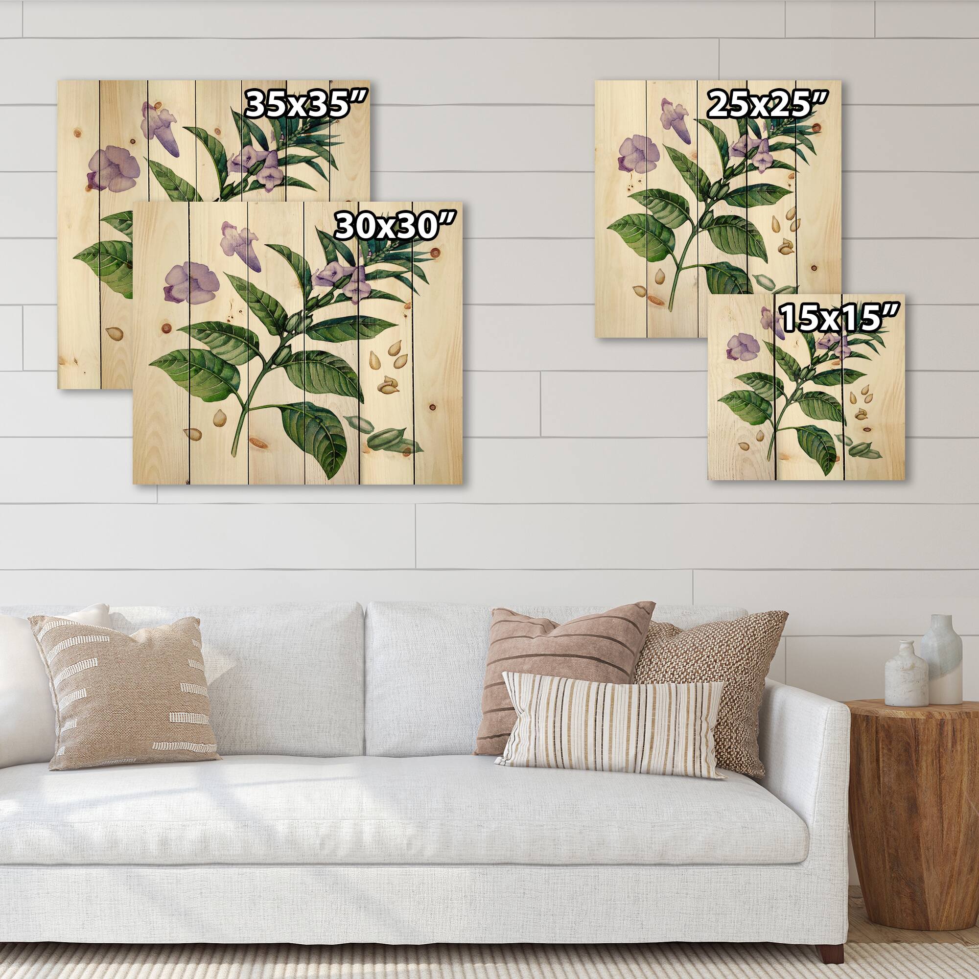 Designart - Purple Sesame Flowers WIth Green Leaves - Traditional Print on Natural Pine Wood