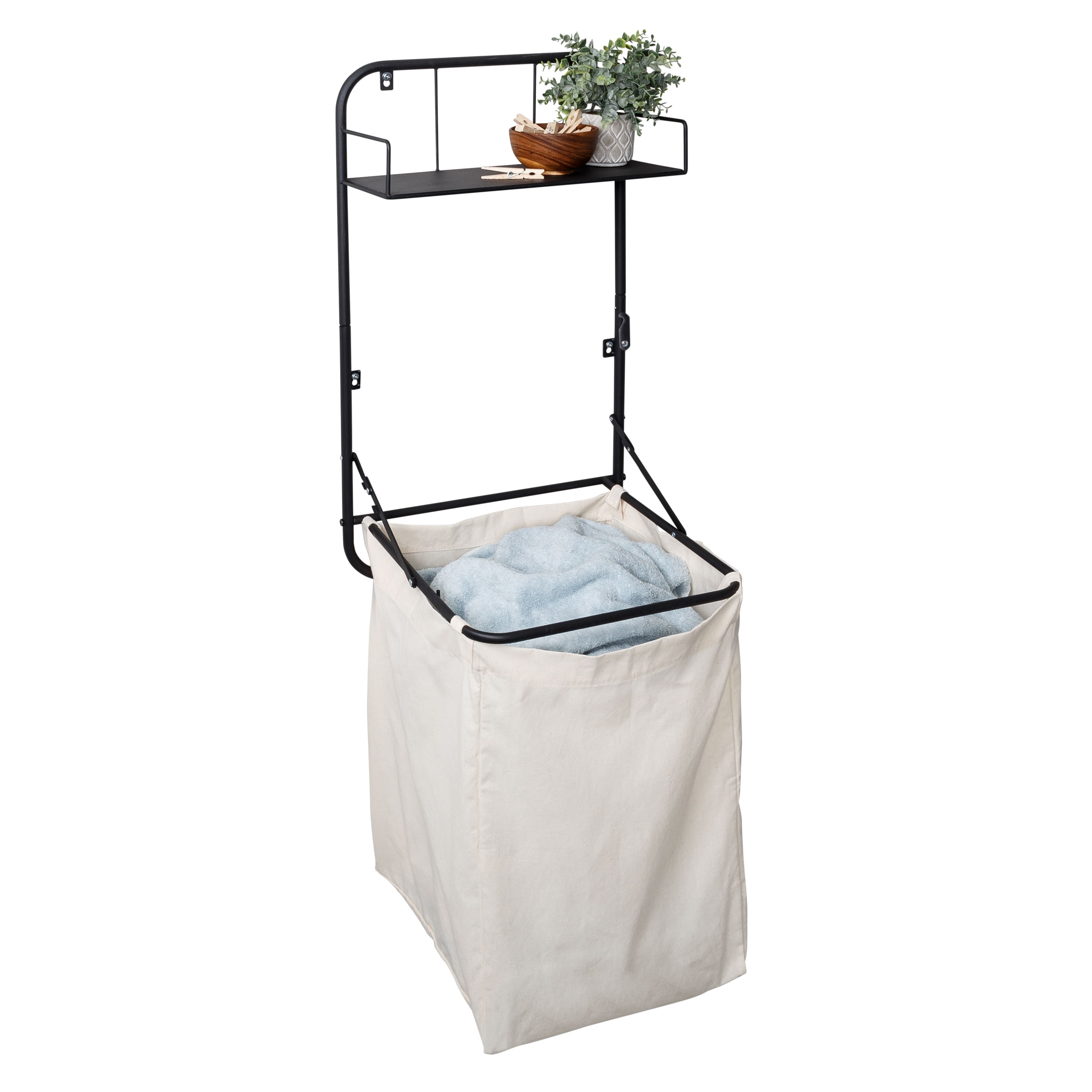 Honey Can Do Black Collapsible Wall-Mounted Clothes Hamper with Canvas Bag and Laundry Shelf