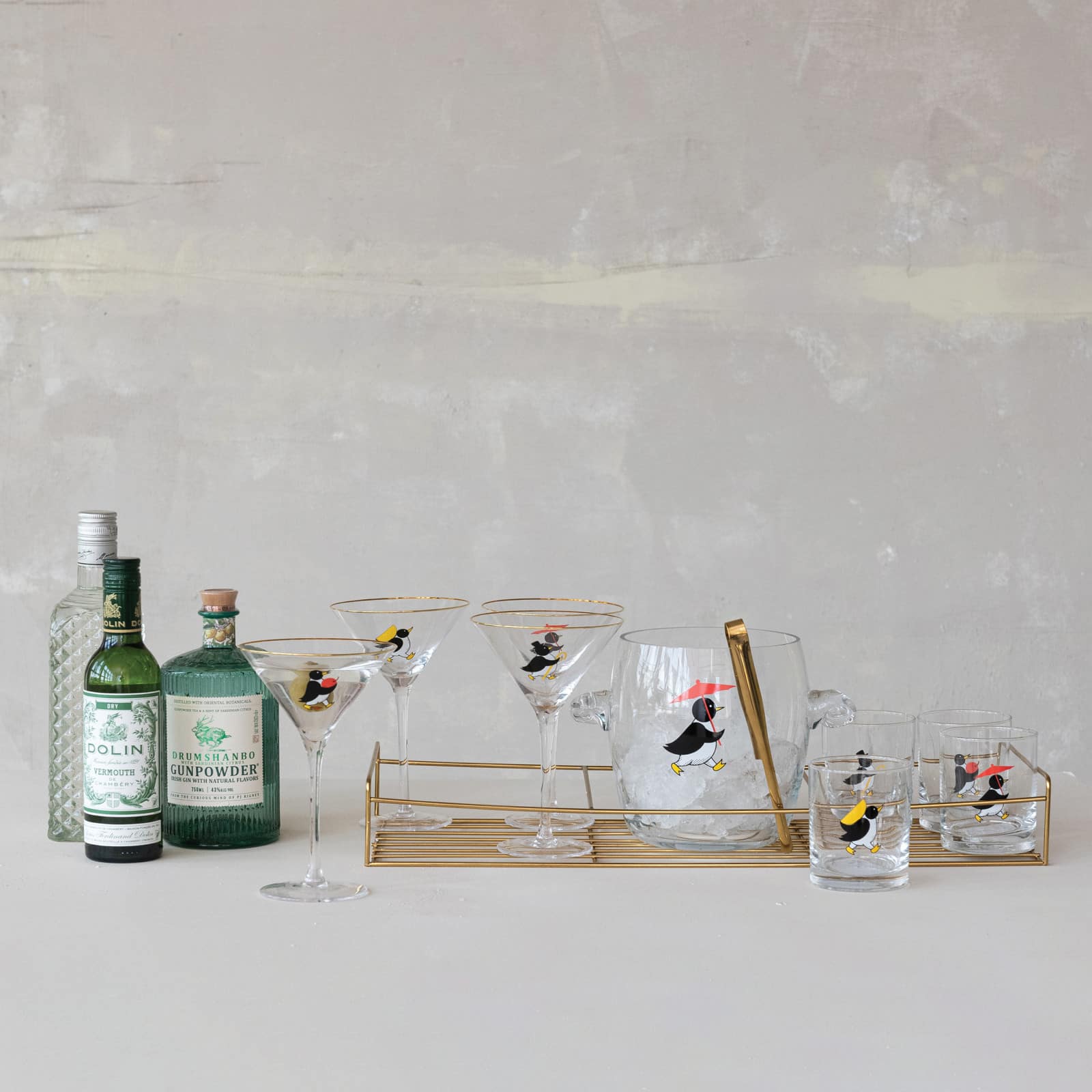 Hello Honey 11-Piece Vintage Reproduction Glass Barware Set with Penguin Decal, Gold Finish