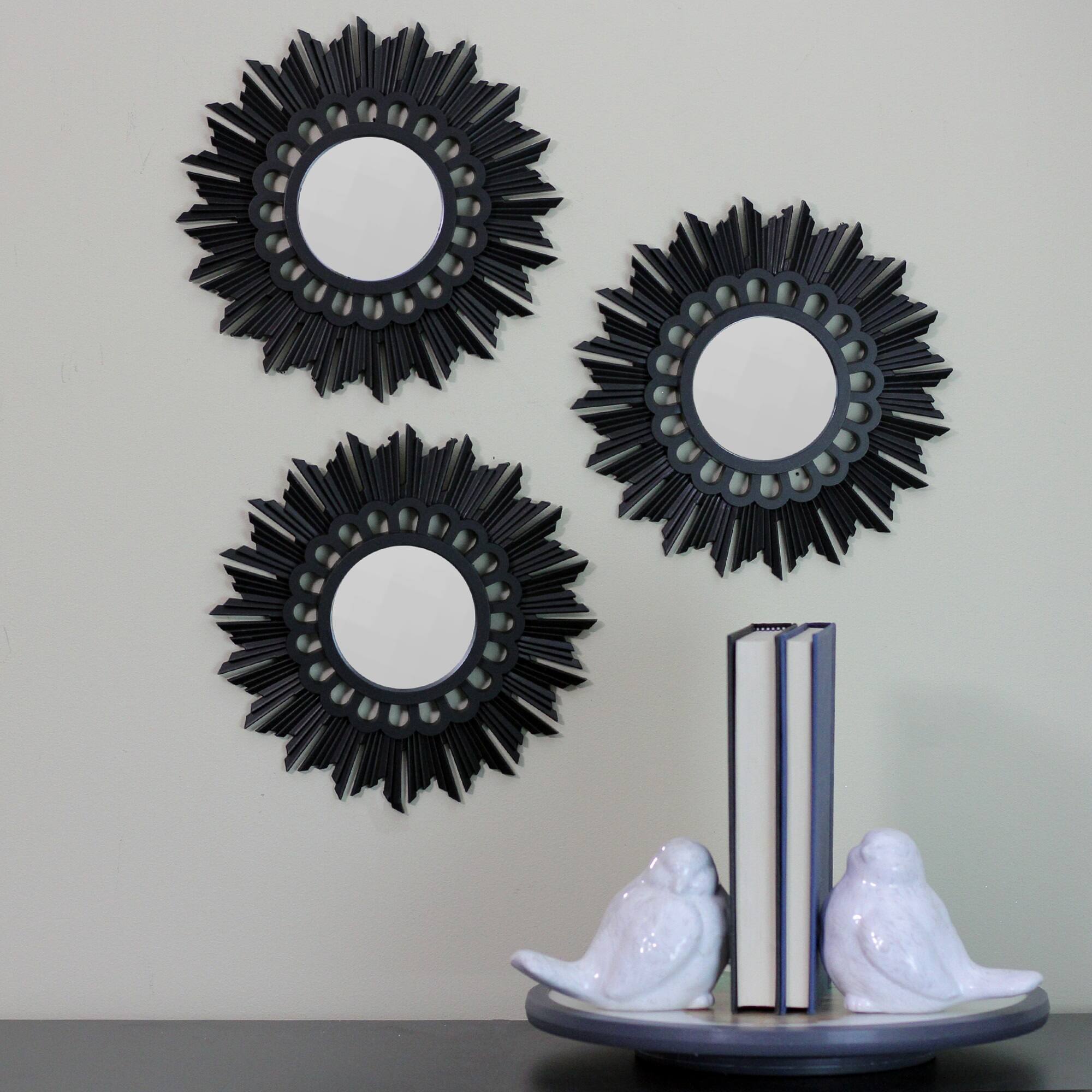 9.5" Floral Sunburst Matte Black Round Mirror Set