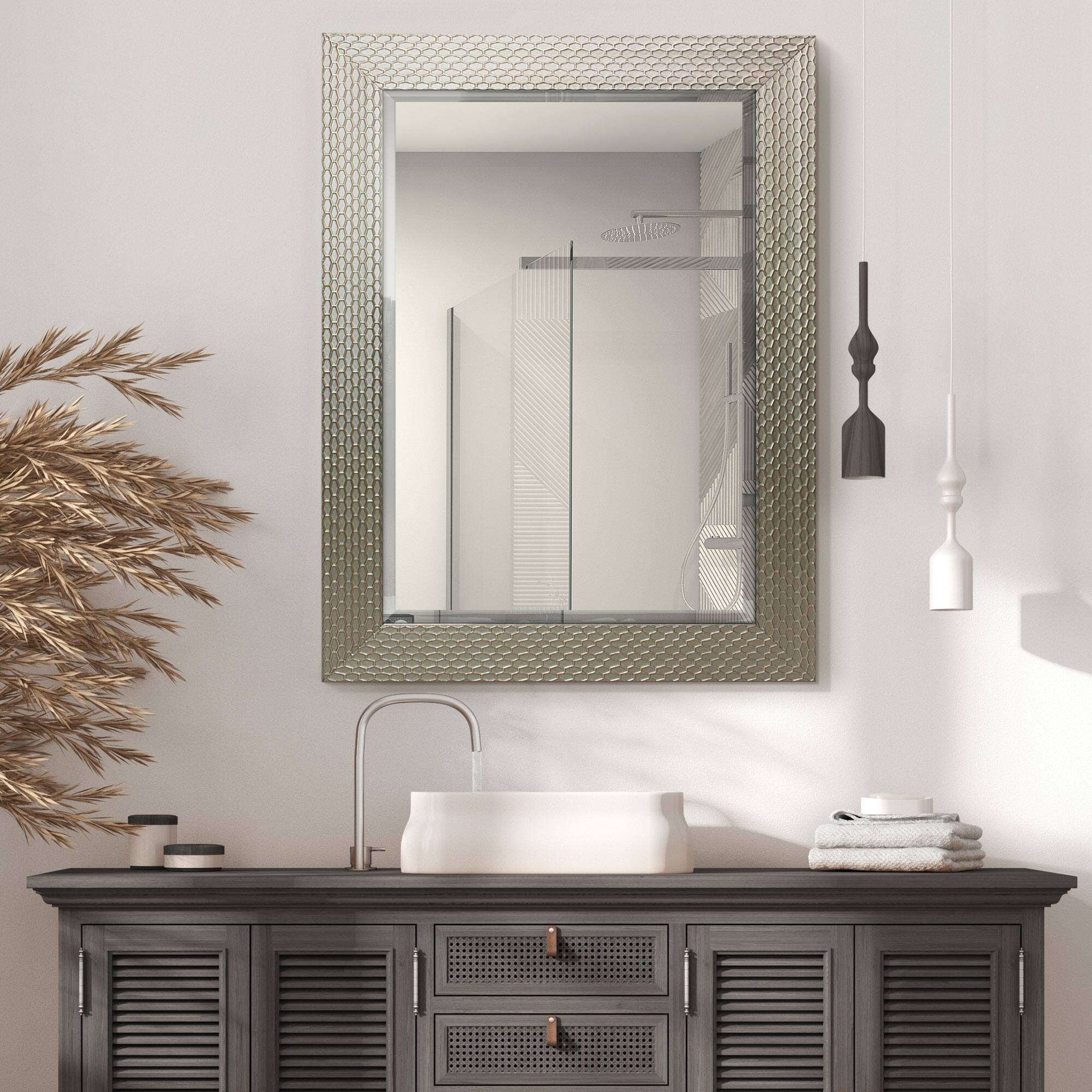 Head West 31.5" Silver Honeycomb Embossed Framed Beveled Wall Mirror