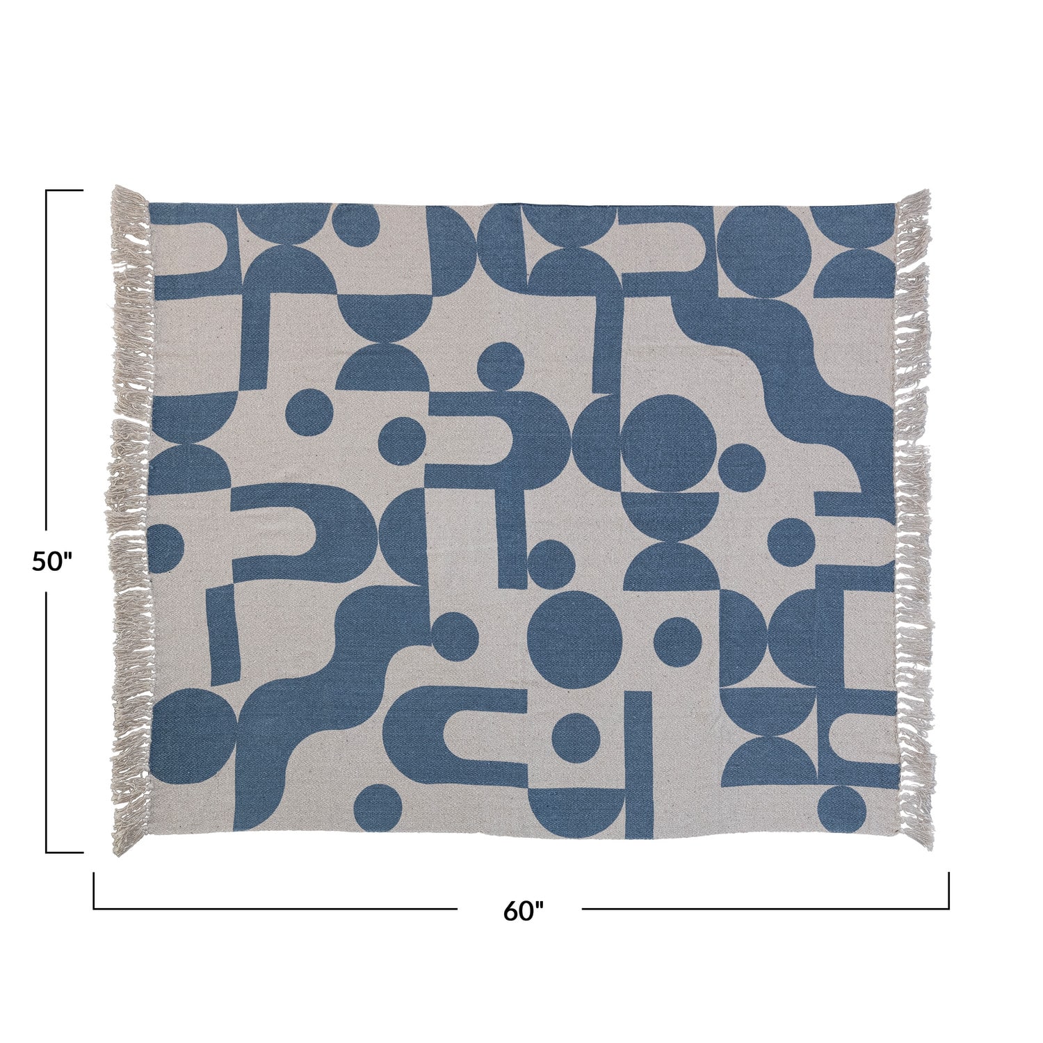 Blue &#x26; Beige Abstract Design Printed Woven Reclaimed Cotton Blend Throw Sheet with Fringe