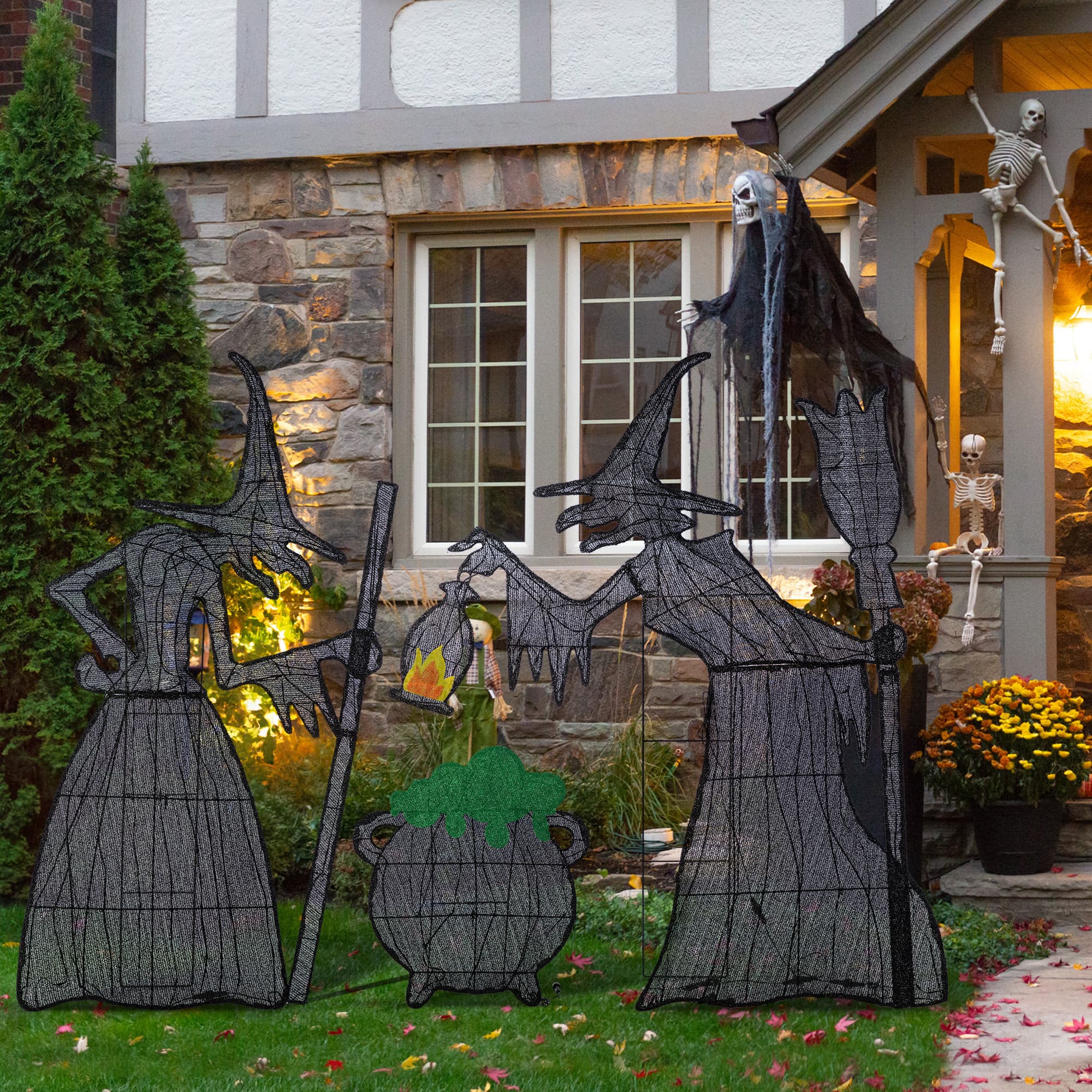 Glitzhome&#xAE; Set of 3 Lighted Halloween 2.5D Witches with Cauldron Outdoor Decor