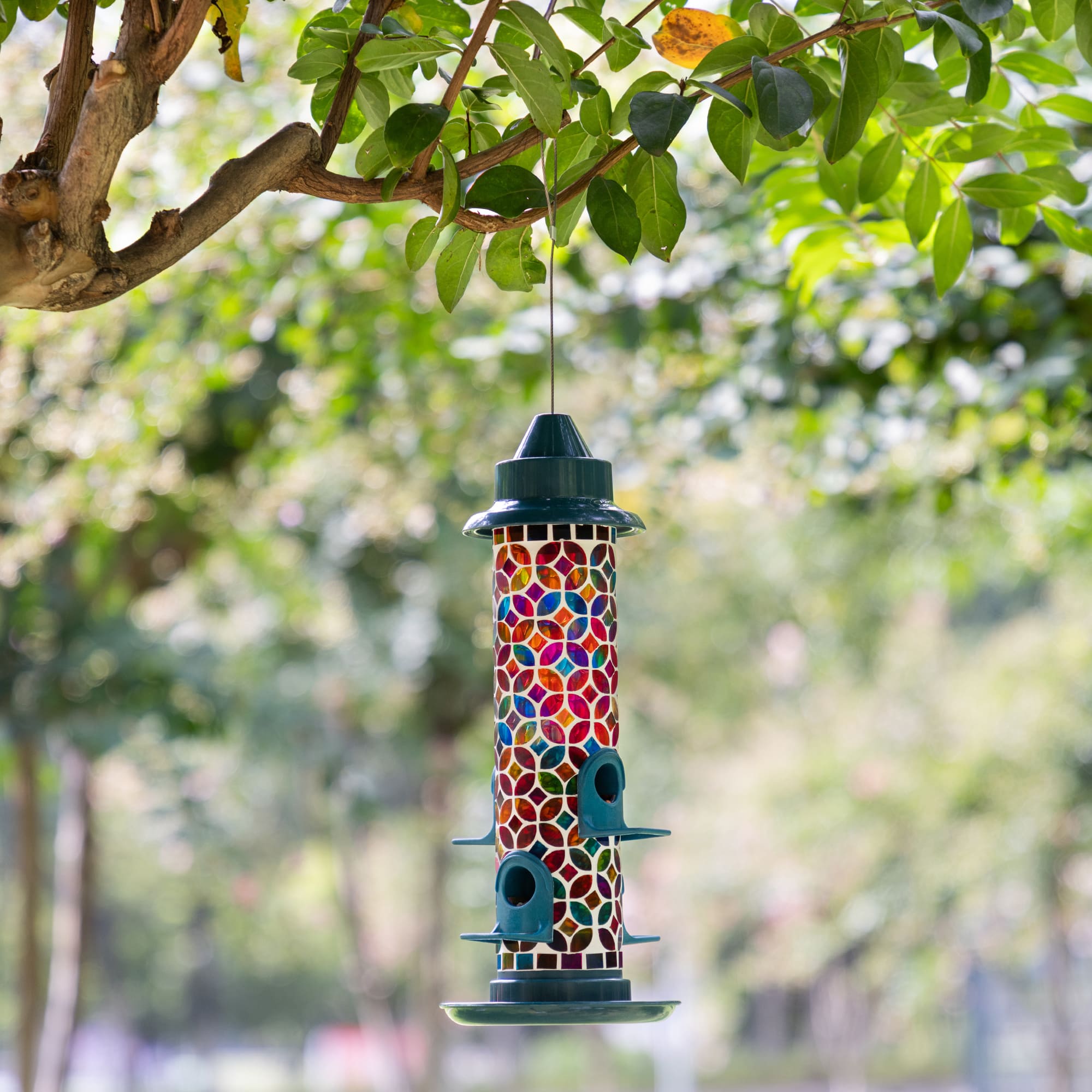 Glitzhome® 20" Glass Tall Hanging Multi-Color Mosaic Birdfeeder