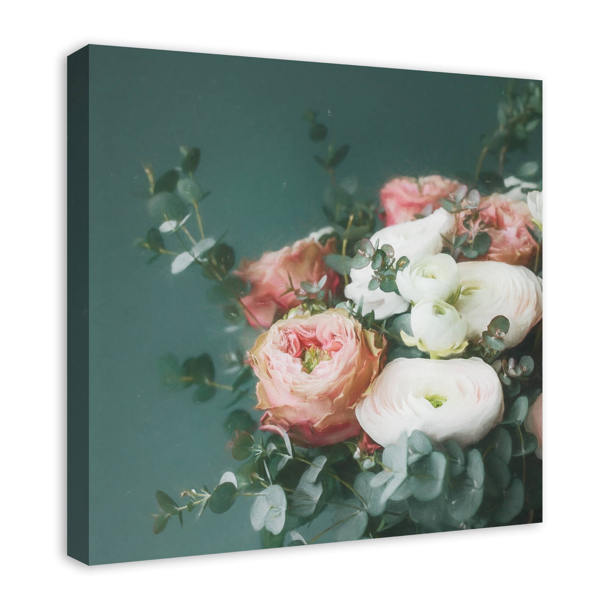 Emerald and Pink Eucalyptus Bouquet  24" x 24" Canvas Wall Art