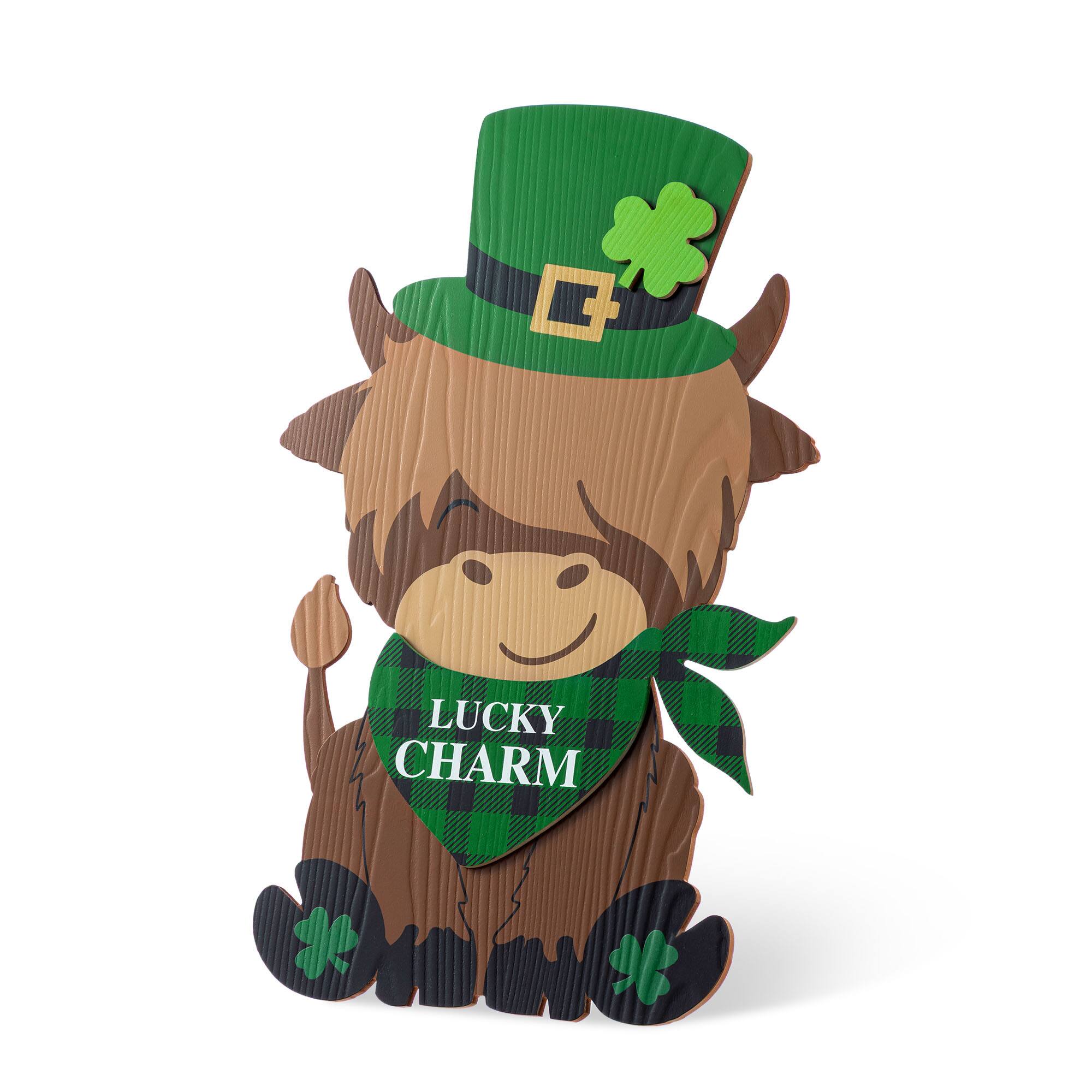 Glitzhome® 24" St. Patrick's Wooden Highland Cow Porch Decor