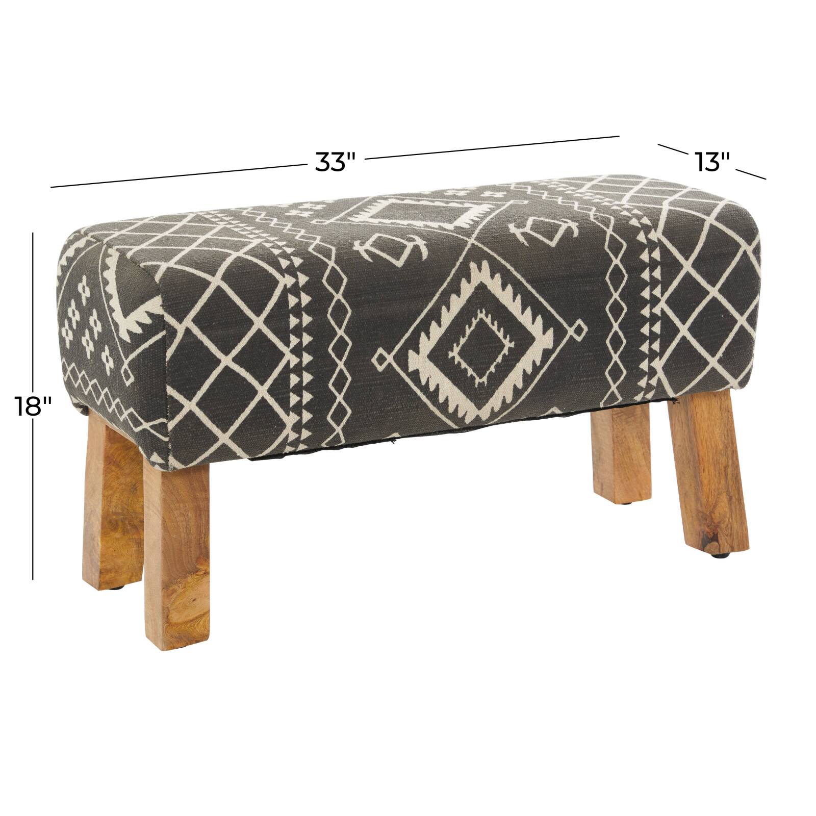 33&#x22; Black Wood Tribal Bench with Wood Legs