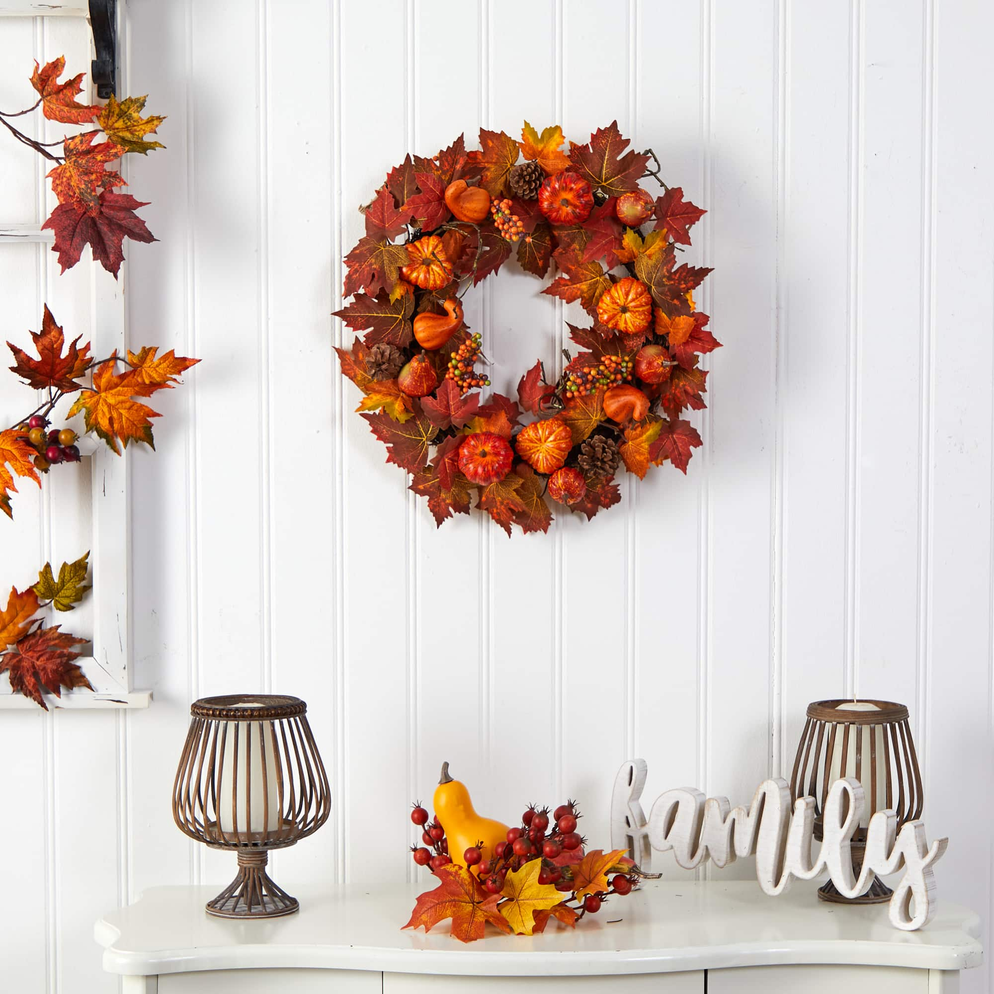 24&#x22; Autumn Maple Leaves, Pumpkin, Pinecone &#x26; Berries Wreath