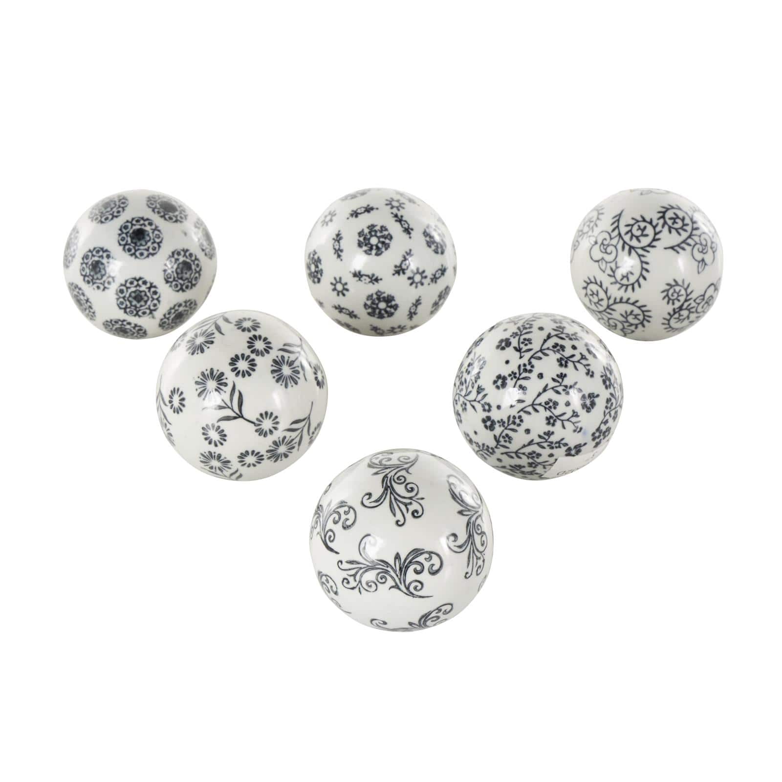 3" White & Black Floral Ceramic Decorative Ball Orbs Set