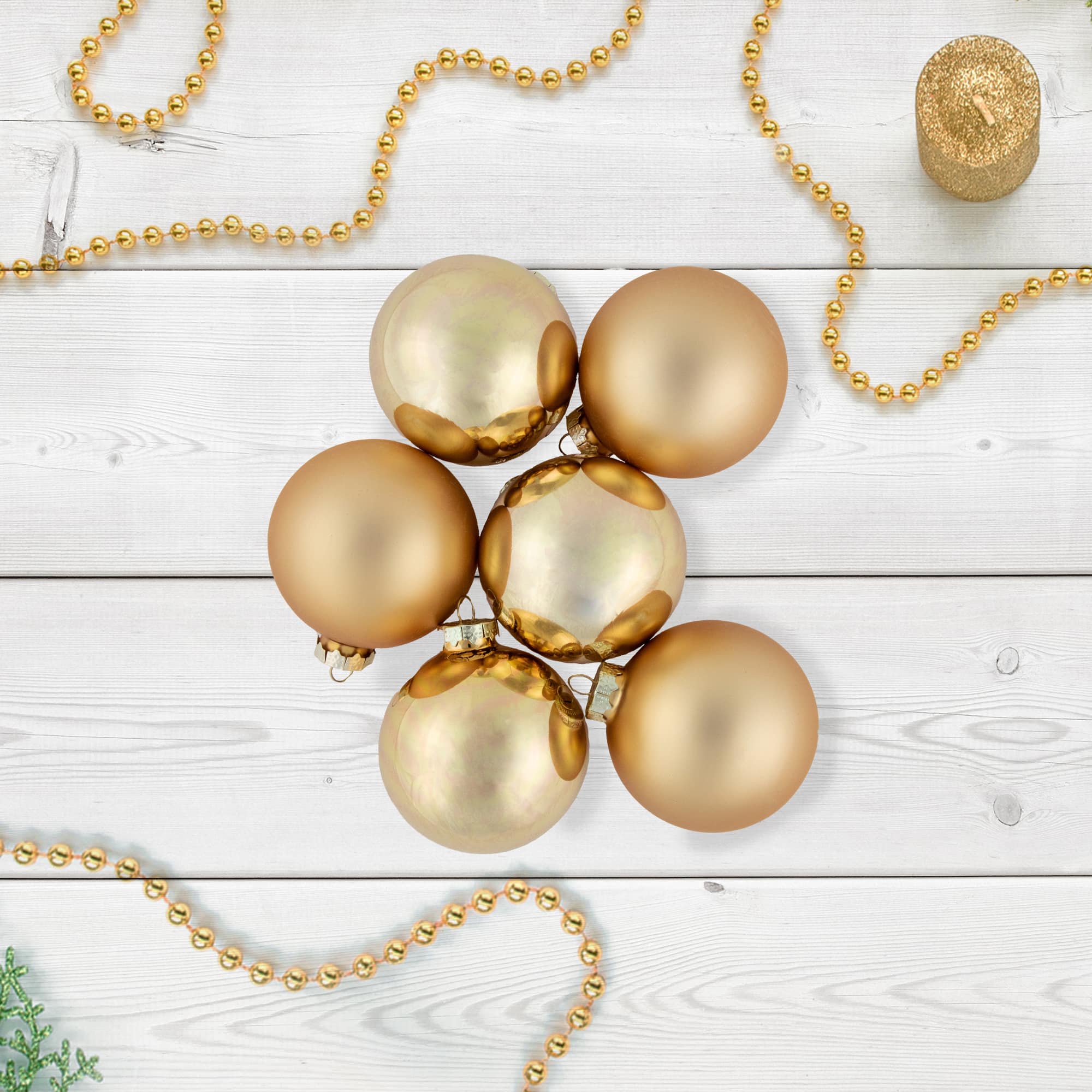 6ct. 3&#x22; Champagne Gold 2-Finish Glass Ball Ornaments