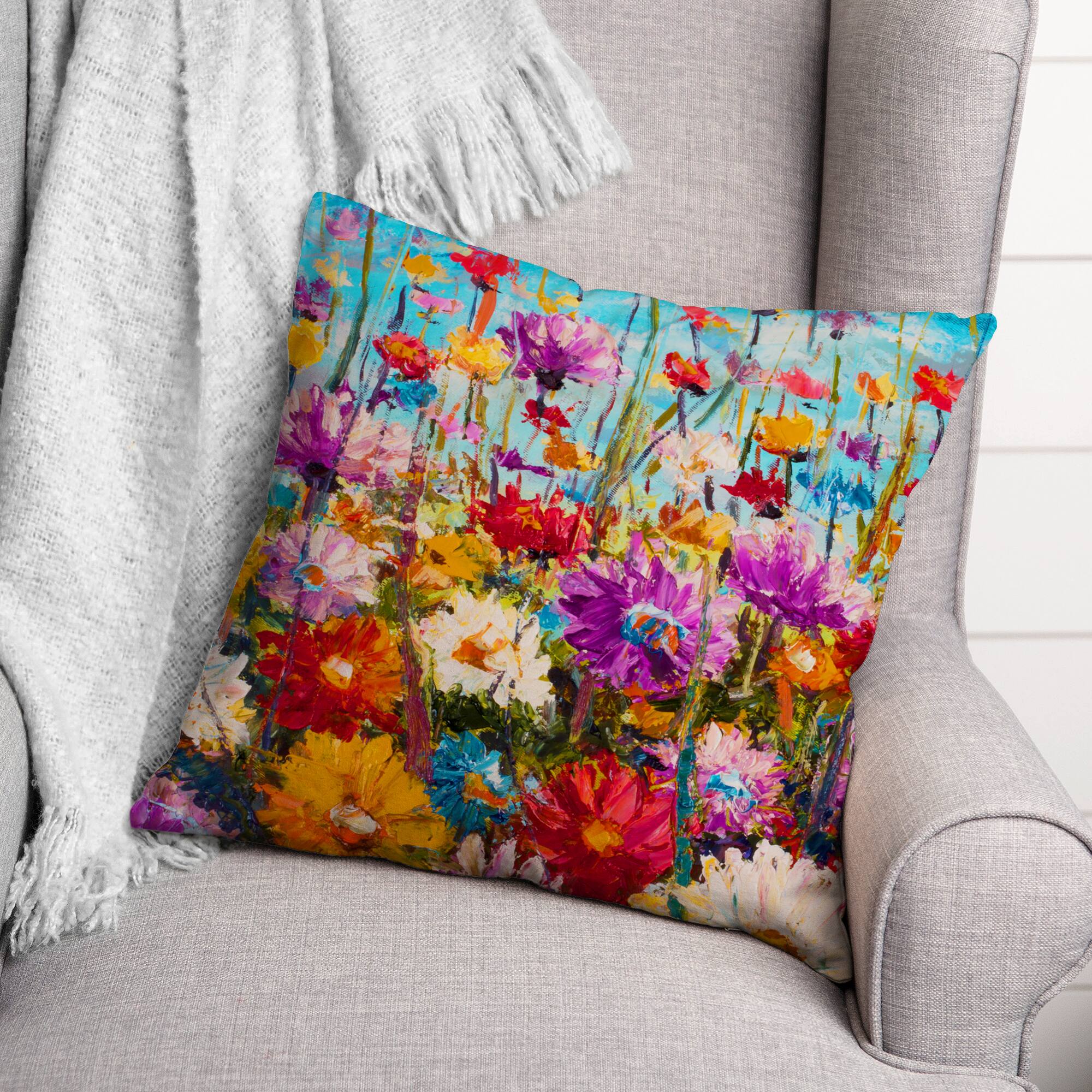 Bright Flower Field Throw Pillow