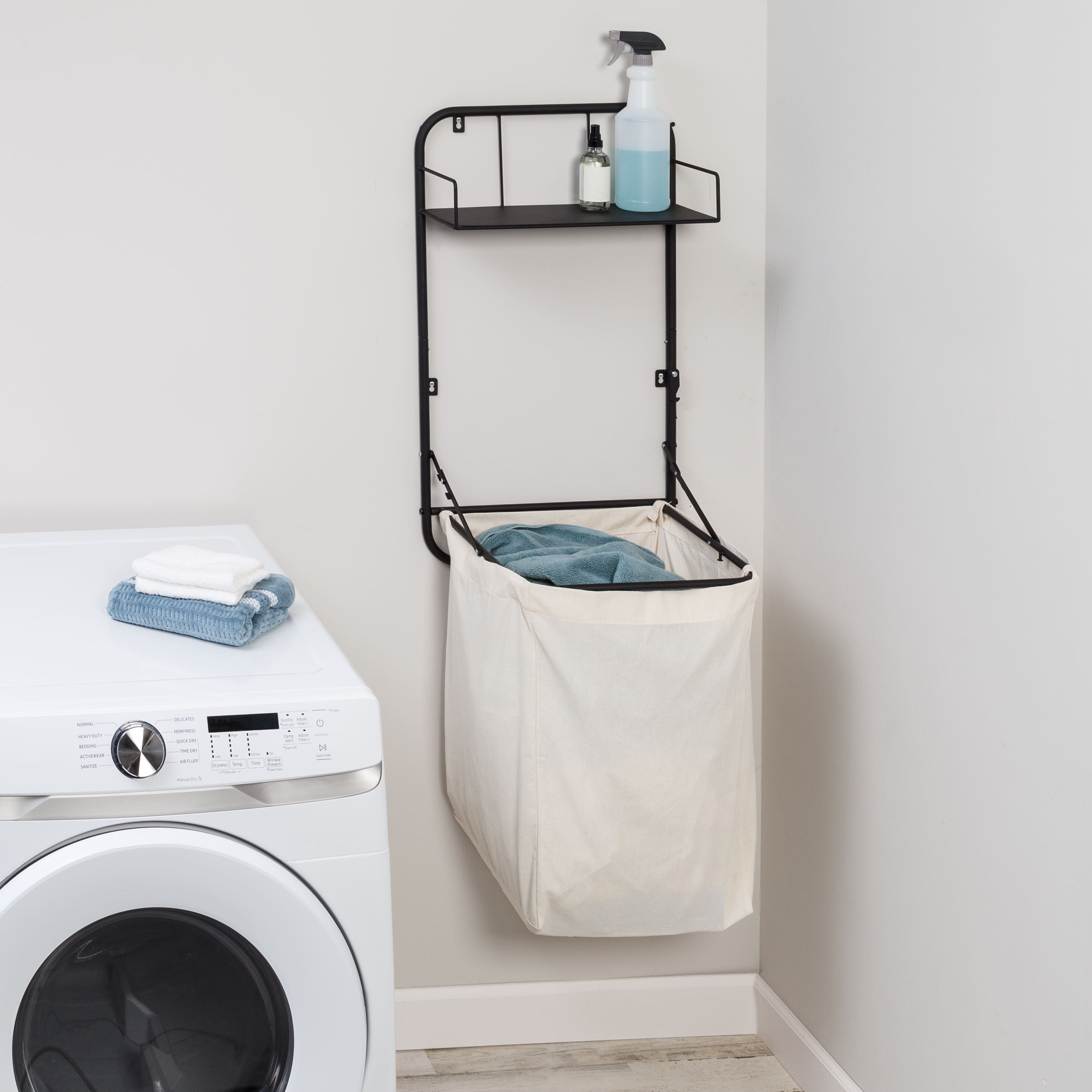 Honey Can Do Black Collapsible Wall-Mounted Clothes Hamper with Canvas Bag and Laundry Shelf