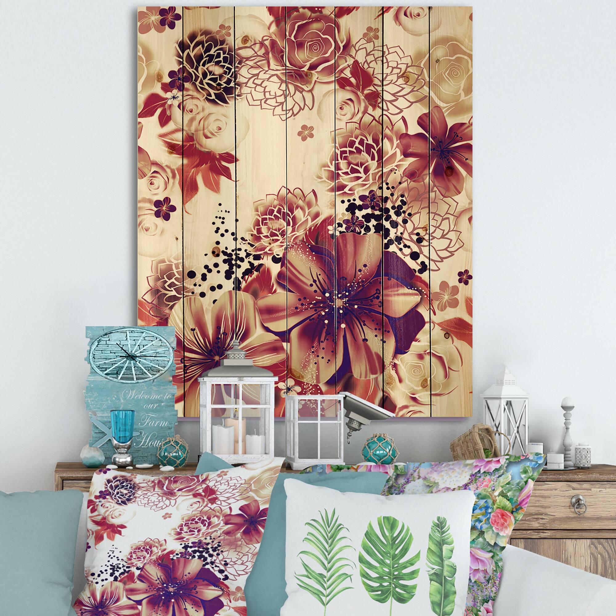 Designart - Pink and Yellow Flowers Retro - Traditional Print on Natural Pine Wood