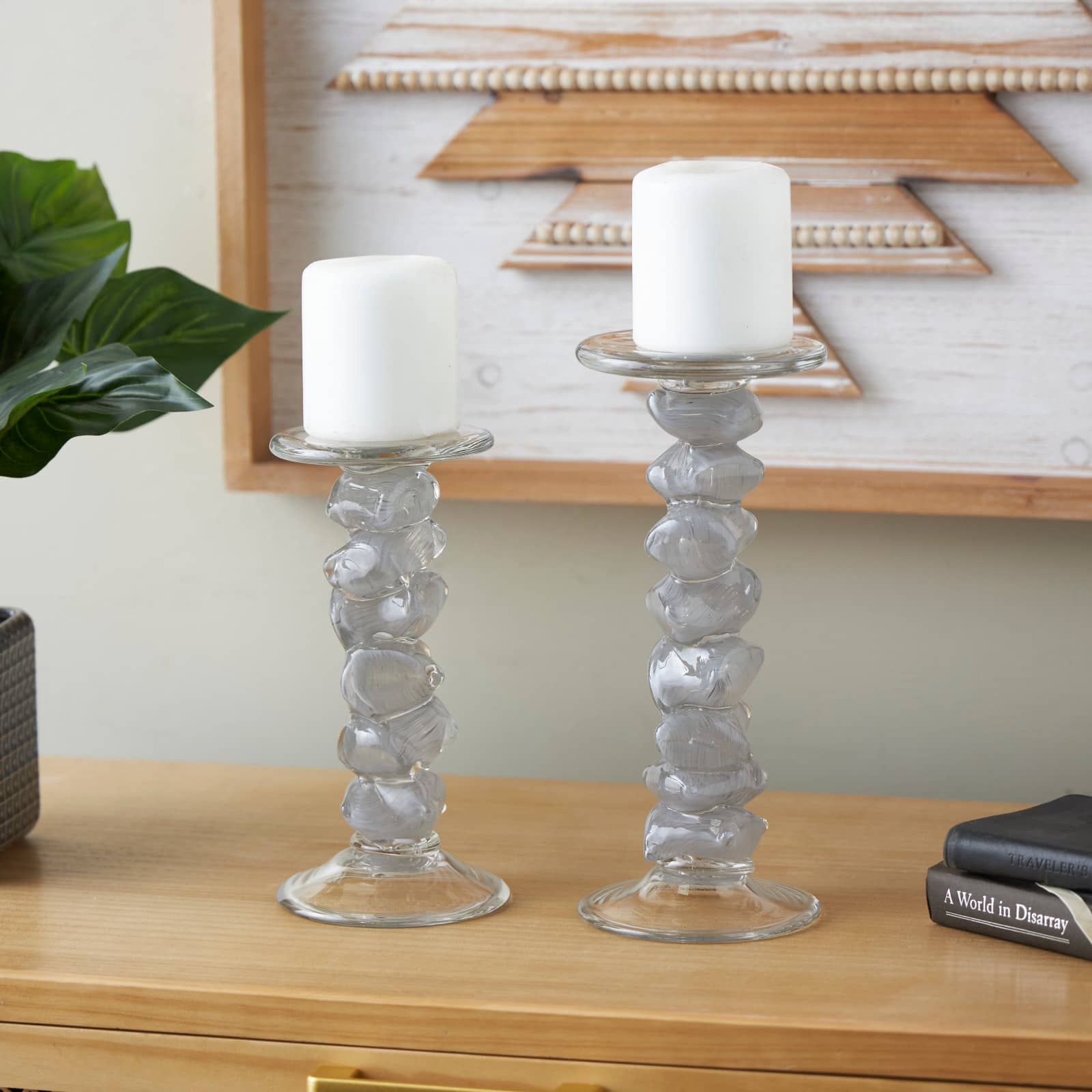 Clear Glass Stacked Stone Candle Holder Set