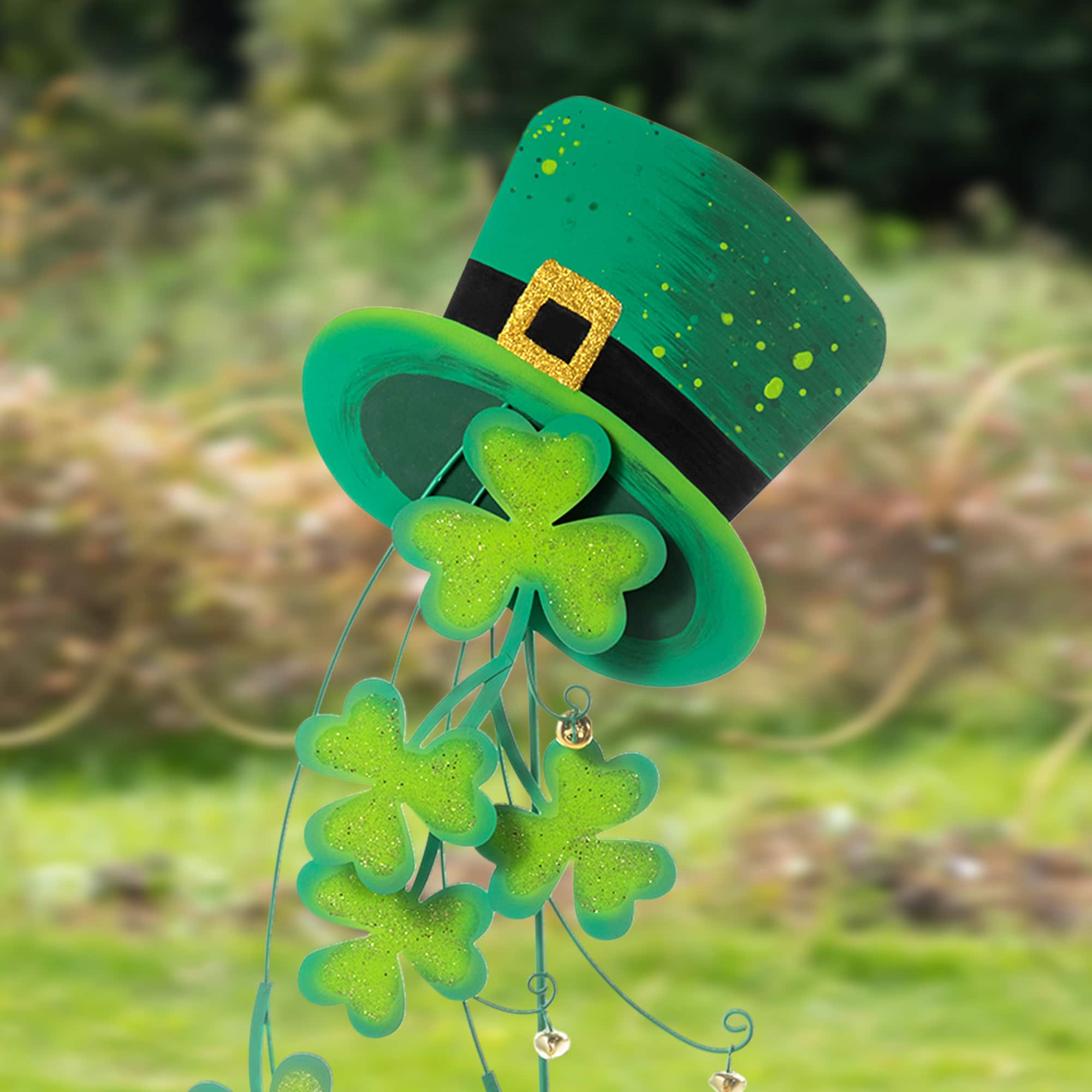 Glitzhome&#xAE; 42&#x22; St. Patrick&#x27;s Metal Leprechaun Hat Shamrocks Yard Stake