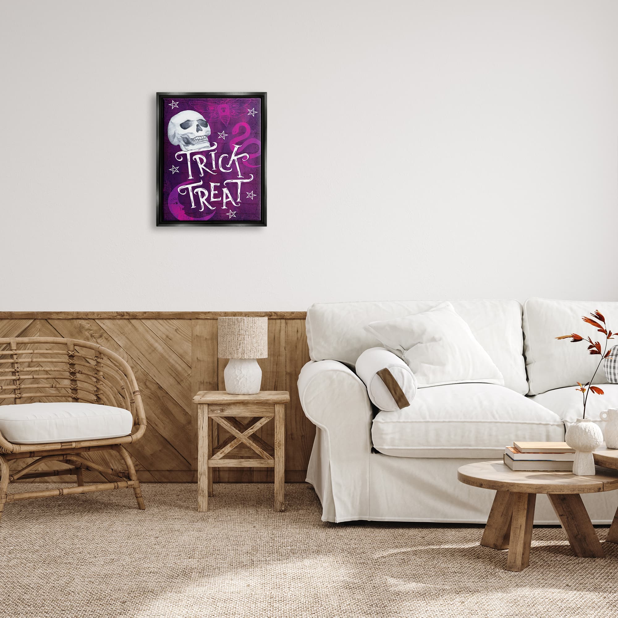 Stupell Industries Trick or Treat Purple Halloween Framed Floater Canvas Wall Art