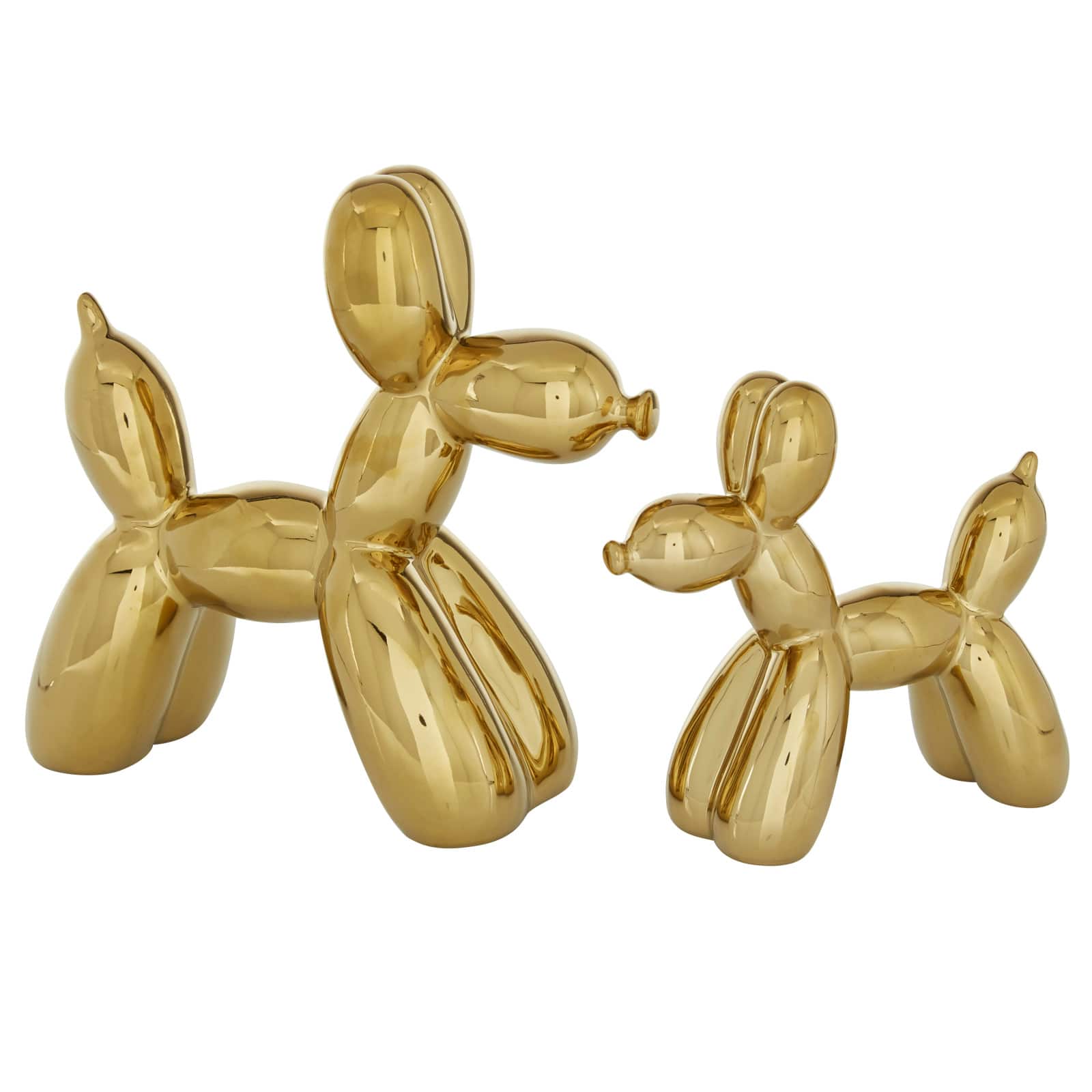 Set of 2 Gold Porcelain Contemporary Dog Sculpture, 7&#x22;, 9&#x22;