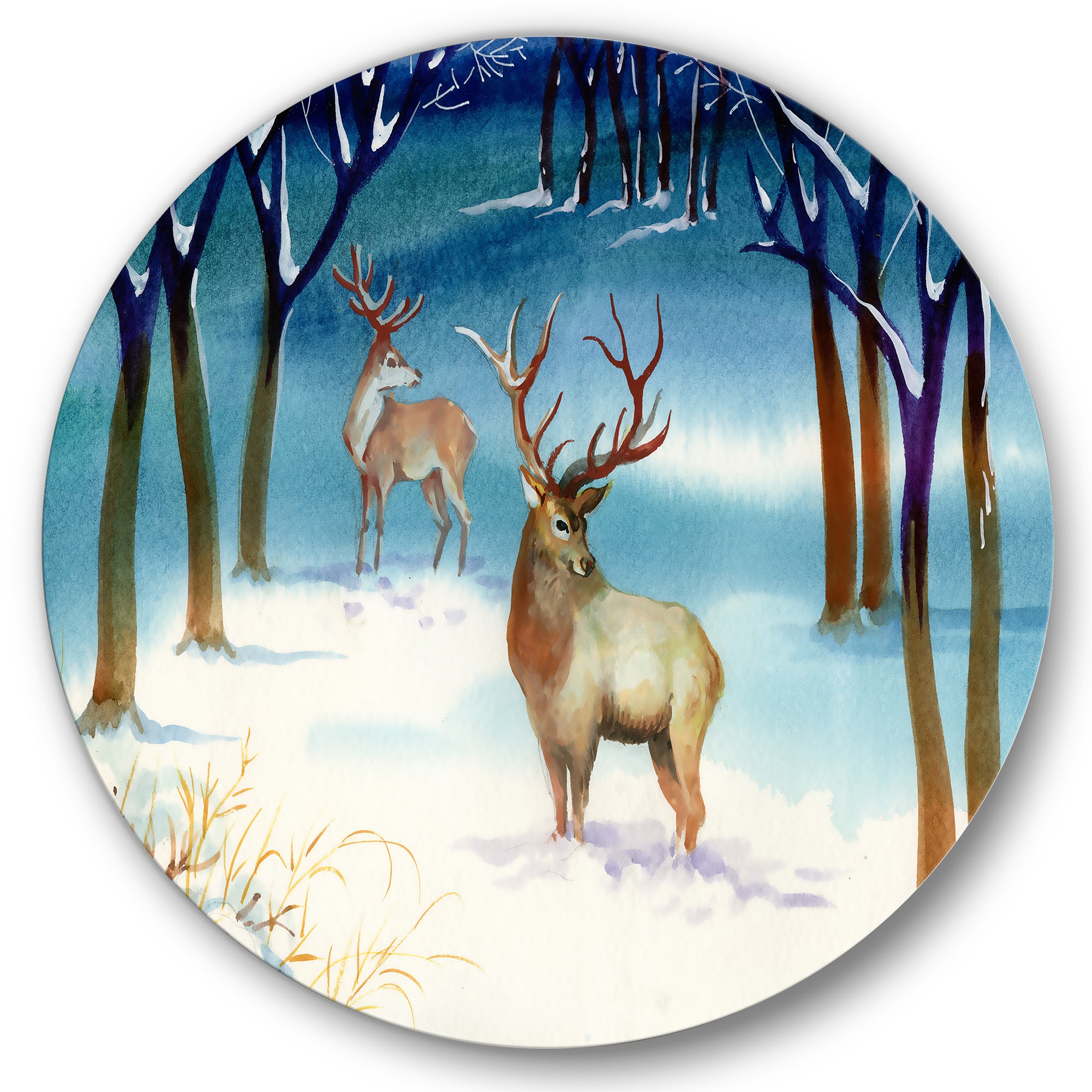 Designart - Winter Landscape With Deers - Traditional Metal Circle Wall Art