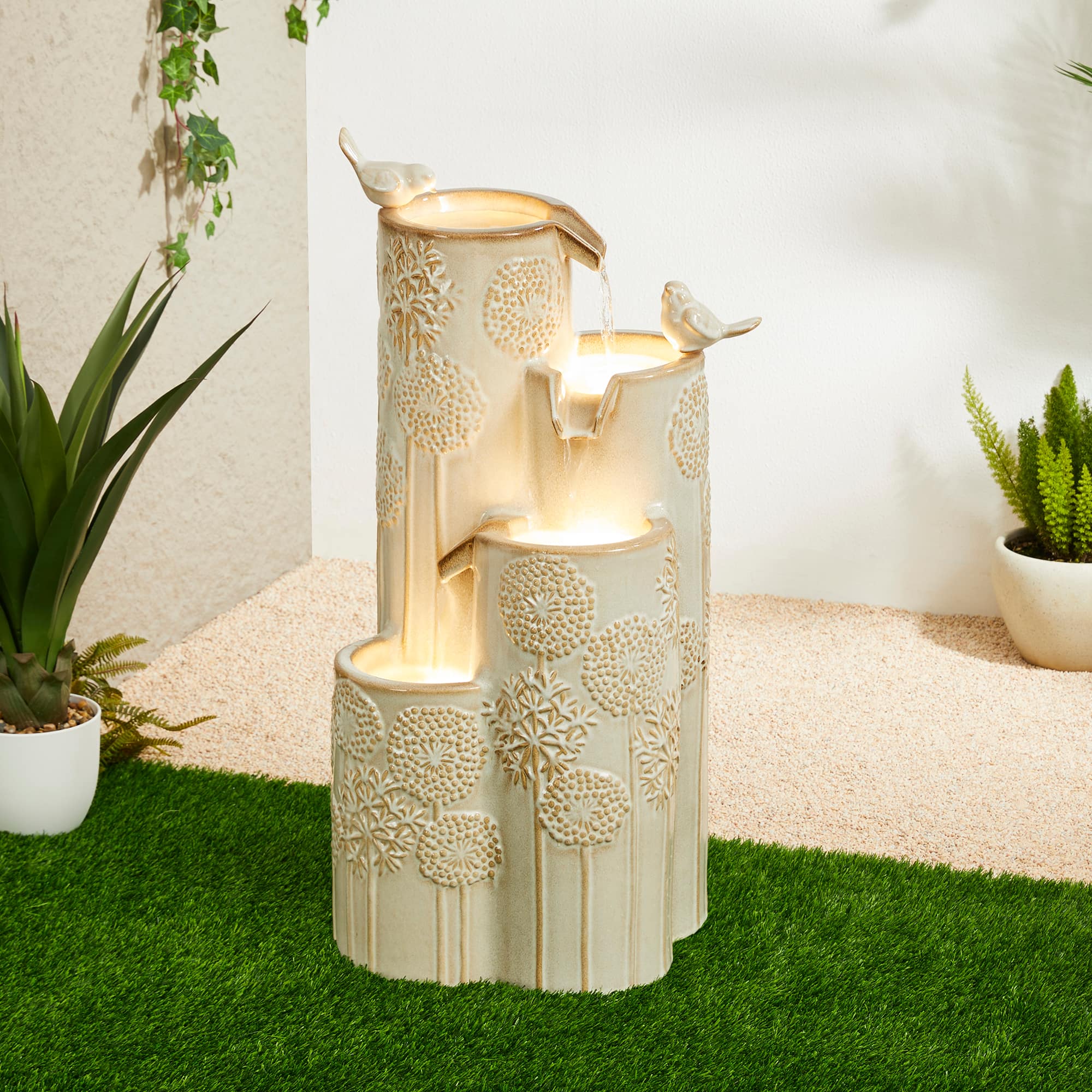 Glitzhome&#xAE; 31.75&#x22; Beige 4-Tier Dandelion Texture Vase-Shaped Ceramic Outdoor Fountain with LED Light