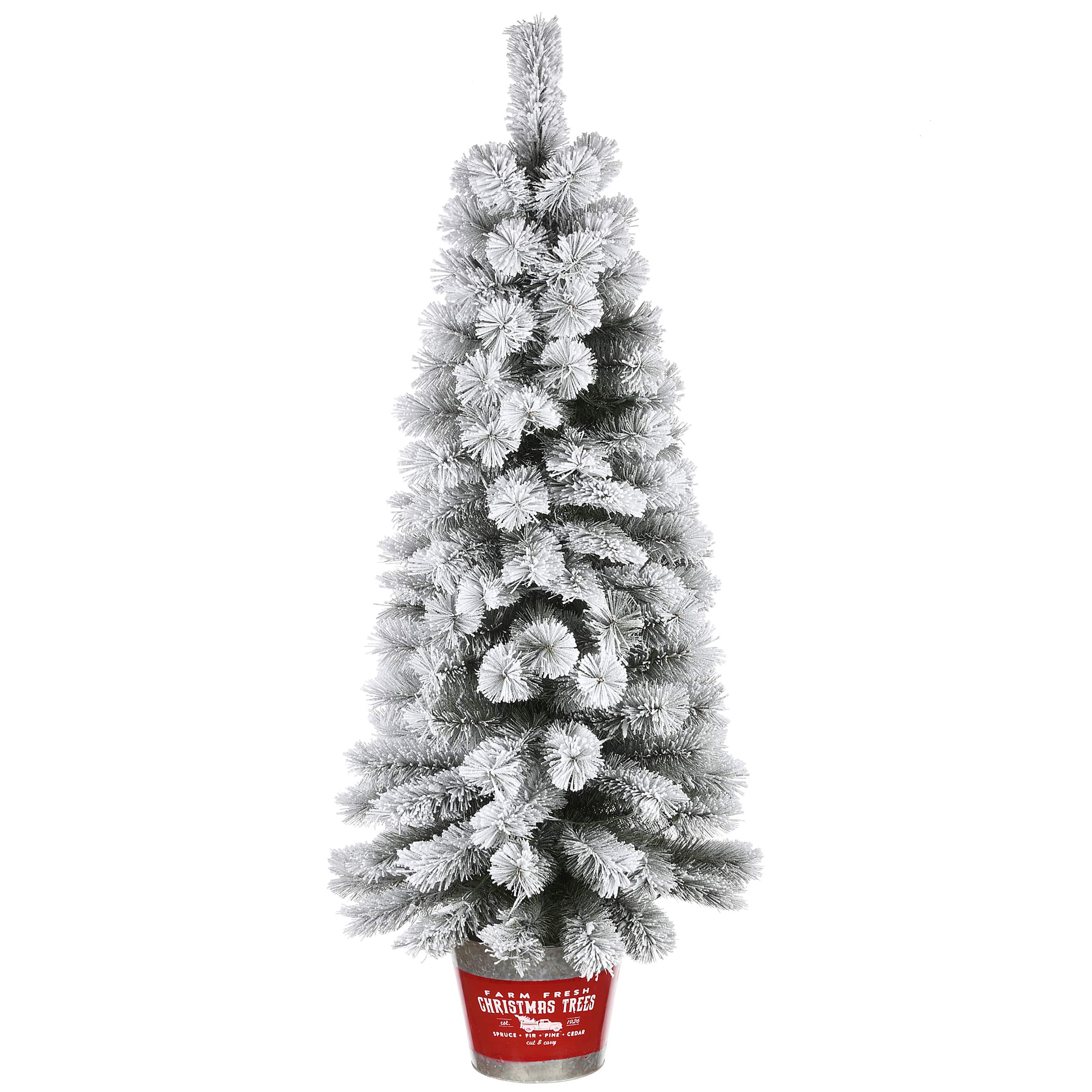 5ft. Pre-Lit Snowy Pogue Pine Entrance Artificial Christmas Tree in Red Base, Warm White LED Lights