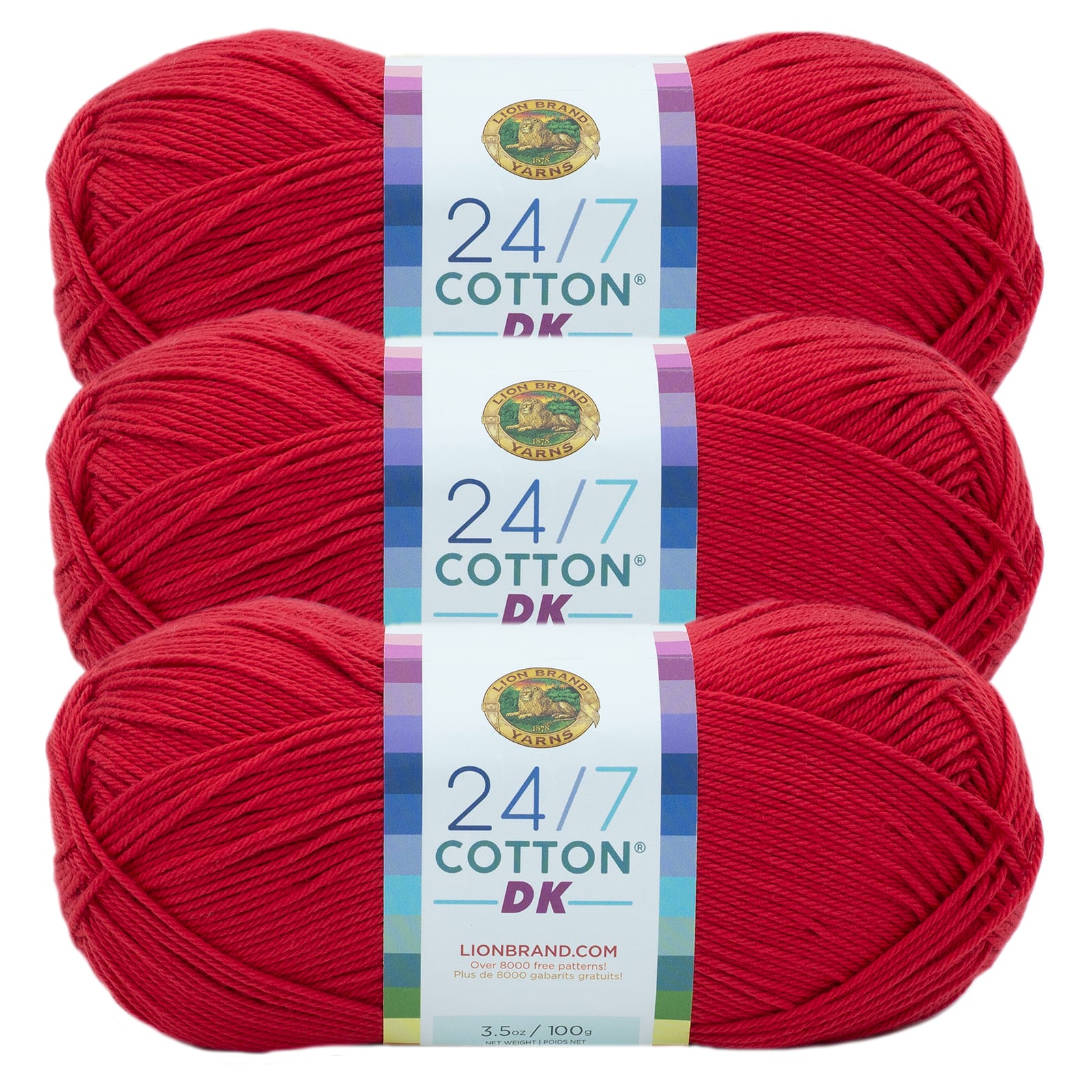 Lion Brand Yarn 24/7 Cotton Dk Grenadine Light Cotton Red Yarn 3 Pack