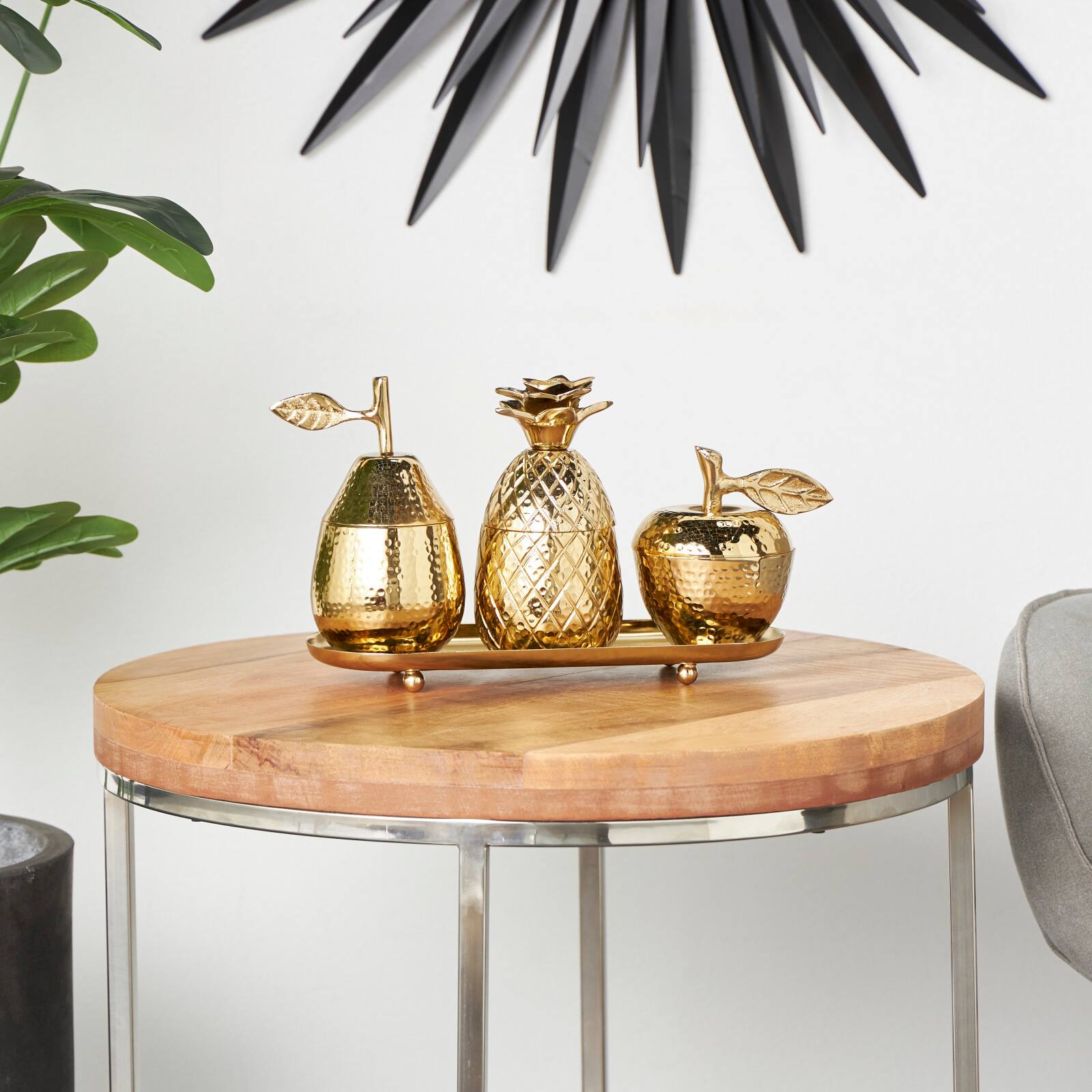 Golden Aluminum Fruit Jars with Matching Leaf Tray Décor Set