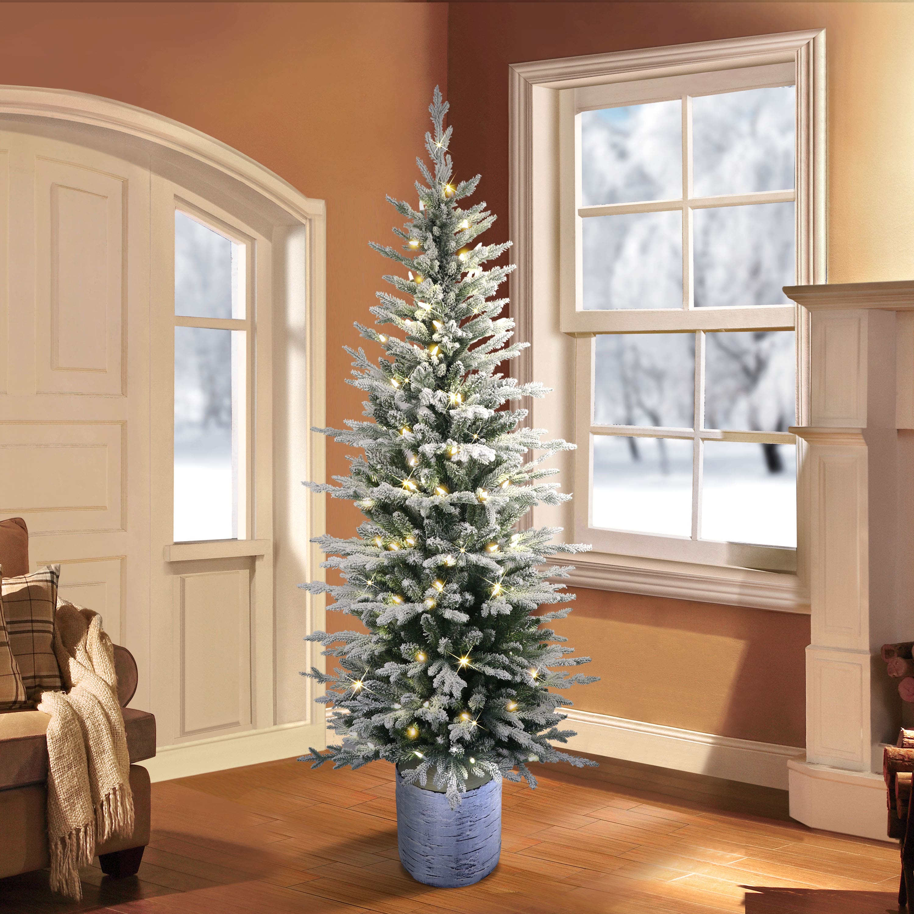 7.5ft. Pre-Lit Flocked Arctic Fir Pencil Artificial Christmas Tree, Warm White LED Lights