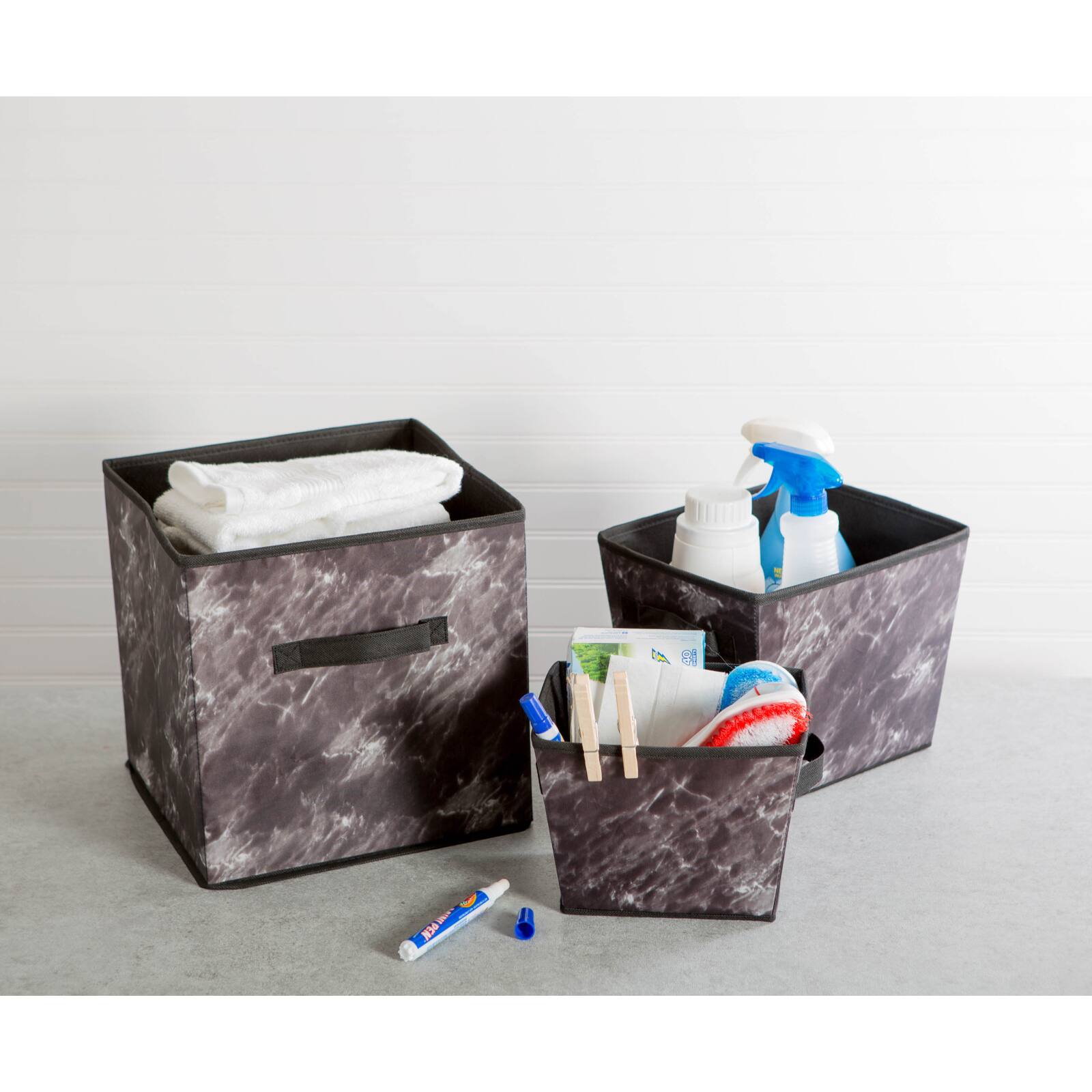 DII&#xAE; Black Marble Trapezoid Mixed Laundy Bin Set, 4ct.