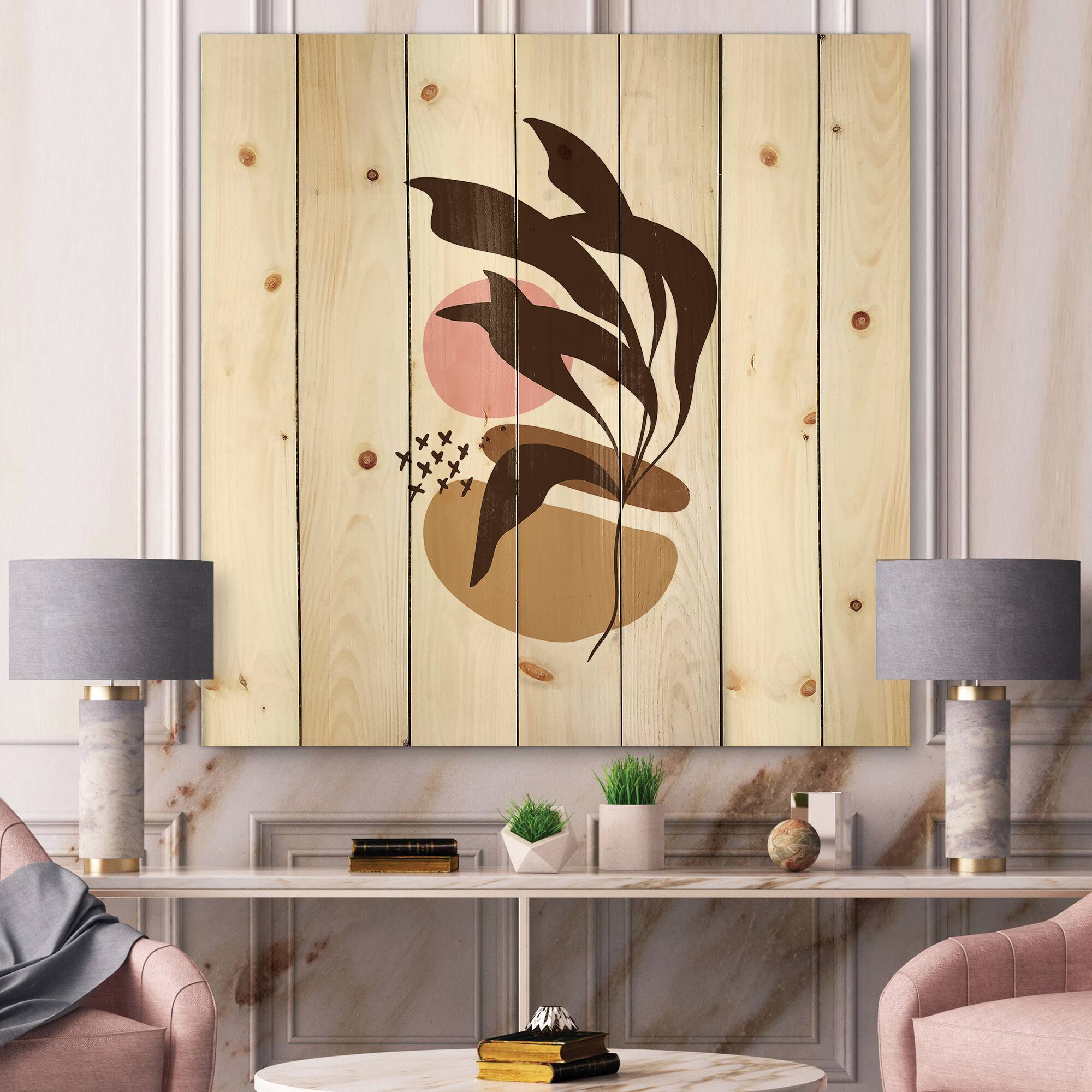 Designart - Elementary Shapes With Abstract Plants - Modern Print on Natural Pine Wood