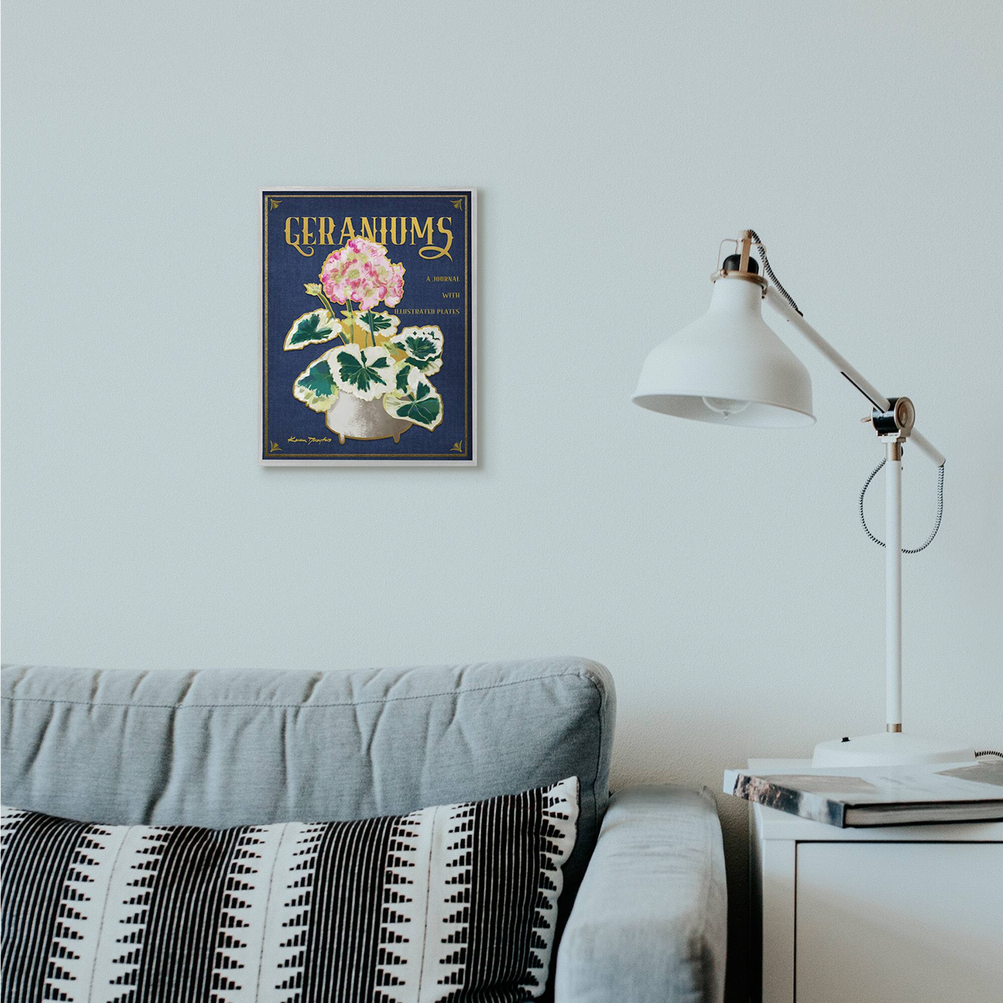 Stupell Industries Geraniums Blue Gold Flower Word Design in Gray Frame Wall Art