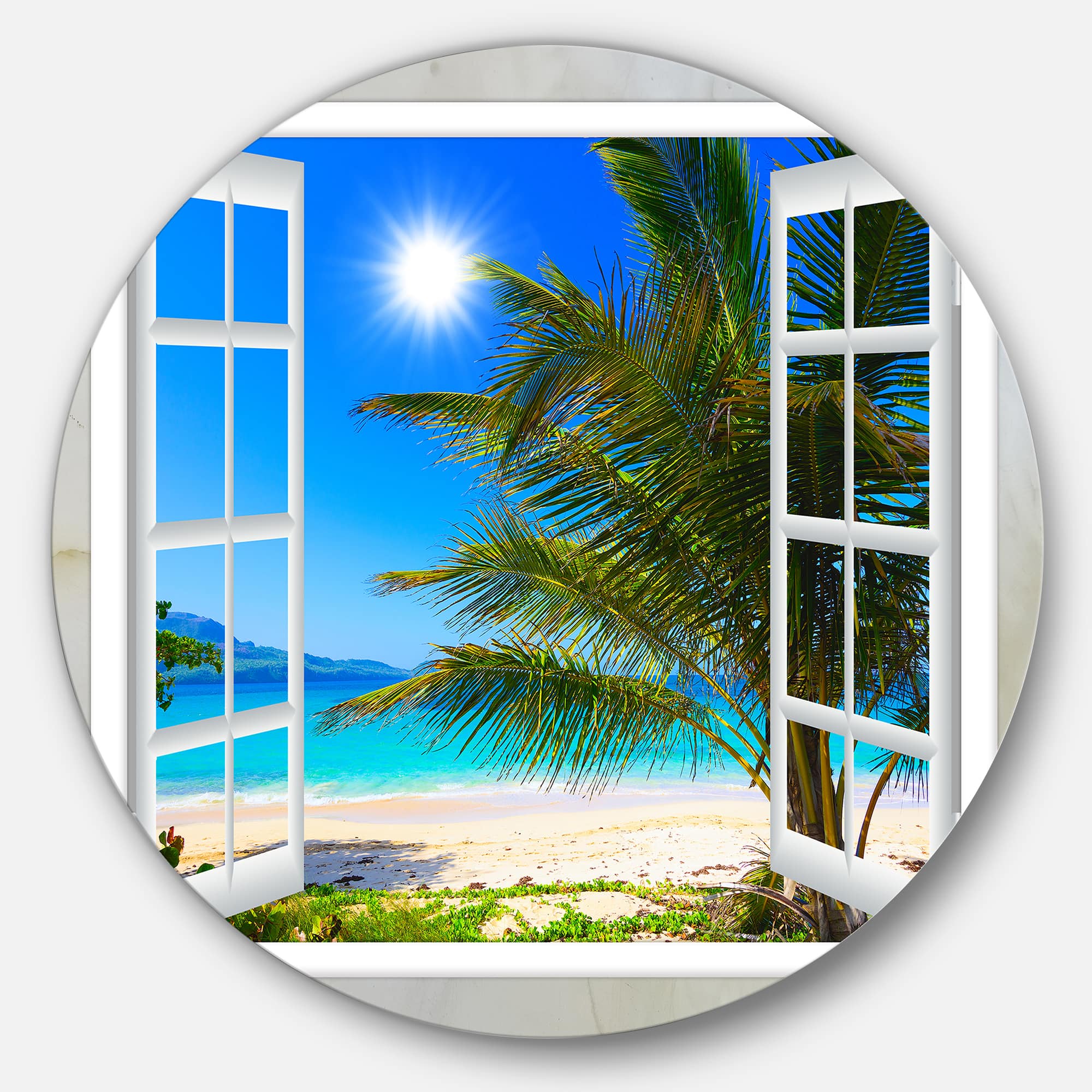 Designart - Window Open to Beach with Palm' Extra Large Seashore Metal Circle Wall Art