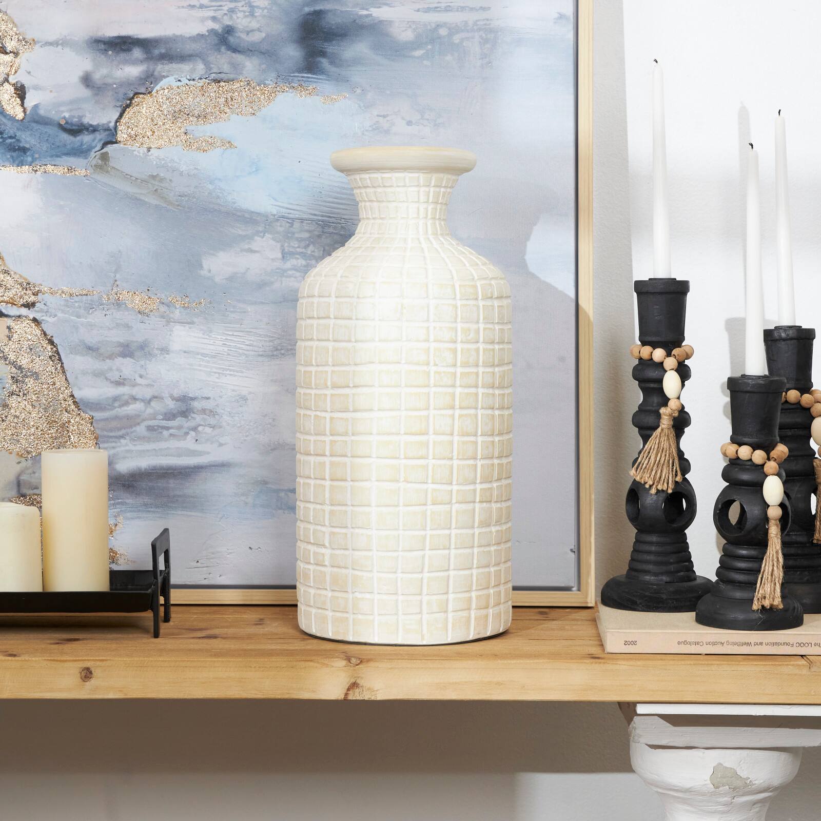 Cream Ceramic Textured Geometric Vase with Checkered Pattern