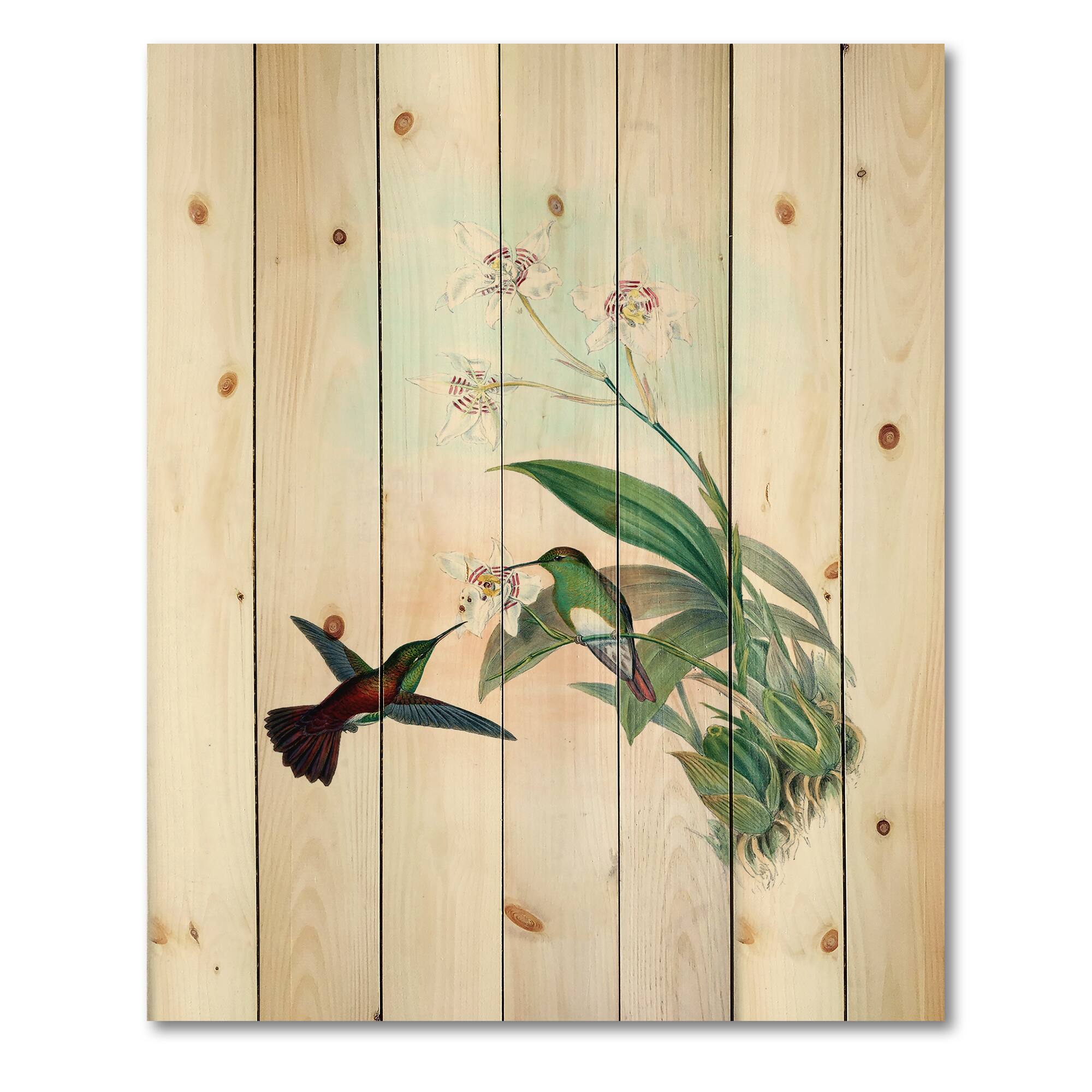 Designart - Vintage Hummingbird Flying To A Flower - Traditional Print on Natural Pine Wood