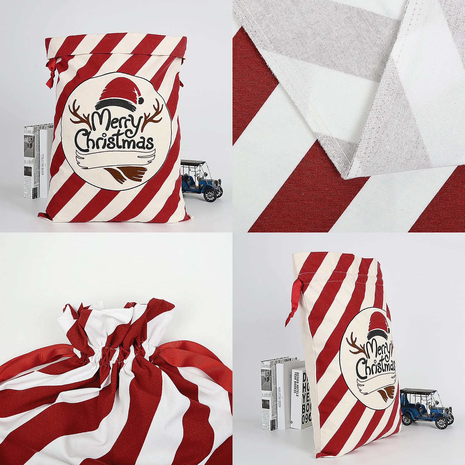 Personality Case&#x2122; 17&#x22; x 26&#x22; Red &#x26; White Stripe Cotton Merry Christmas Drawstring Bag