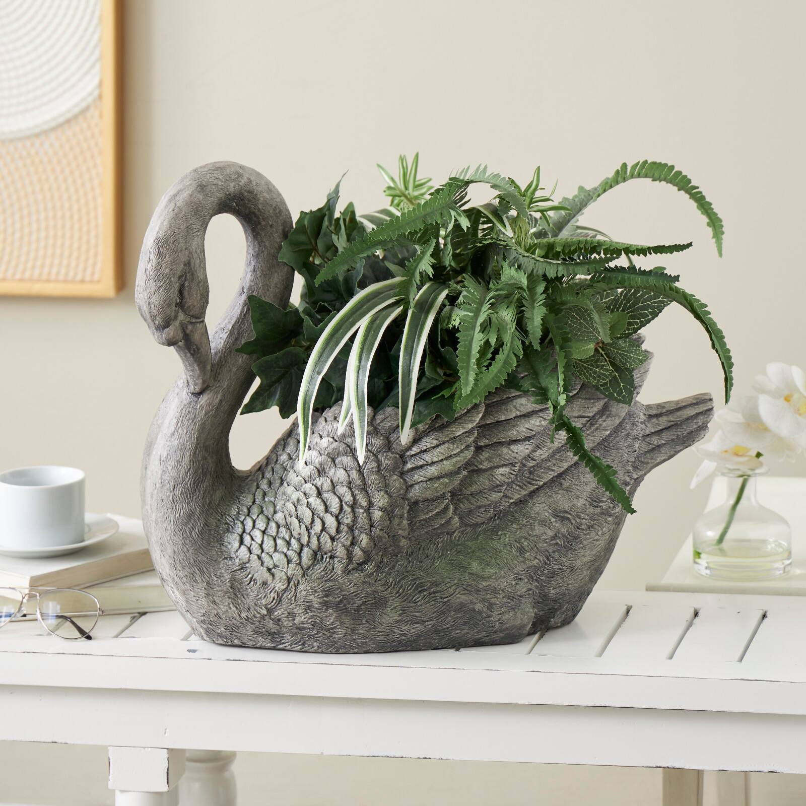 23&#x22; Gray Swan Textured Planter with Patina Accents