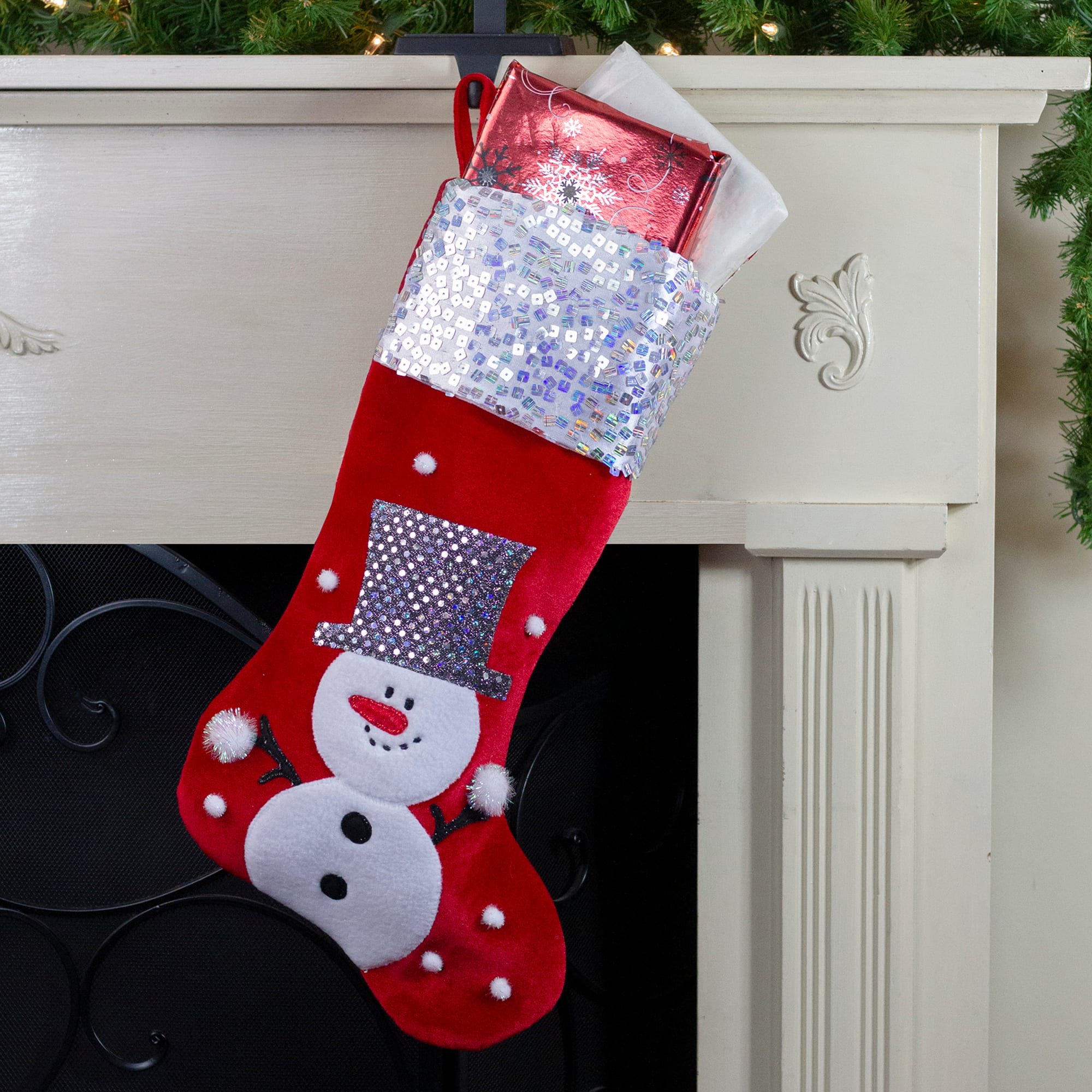 20.5" Red Snowman Christmas Stocking with Sequined Cuff